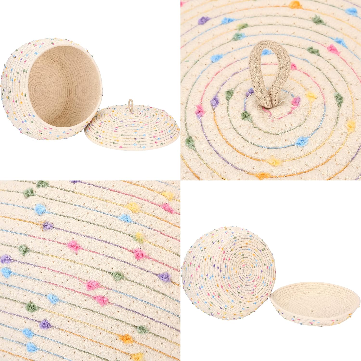 Sea Team Round Cotton Rope Storage Basket with Lid, Colorful Rainbow Pompom Woven Storage Bin, Pot, Caddy, Organizer, Container for Snacks, Towels, Plants, 13 x 9 Inches (Large, Rainbow)