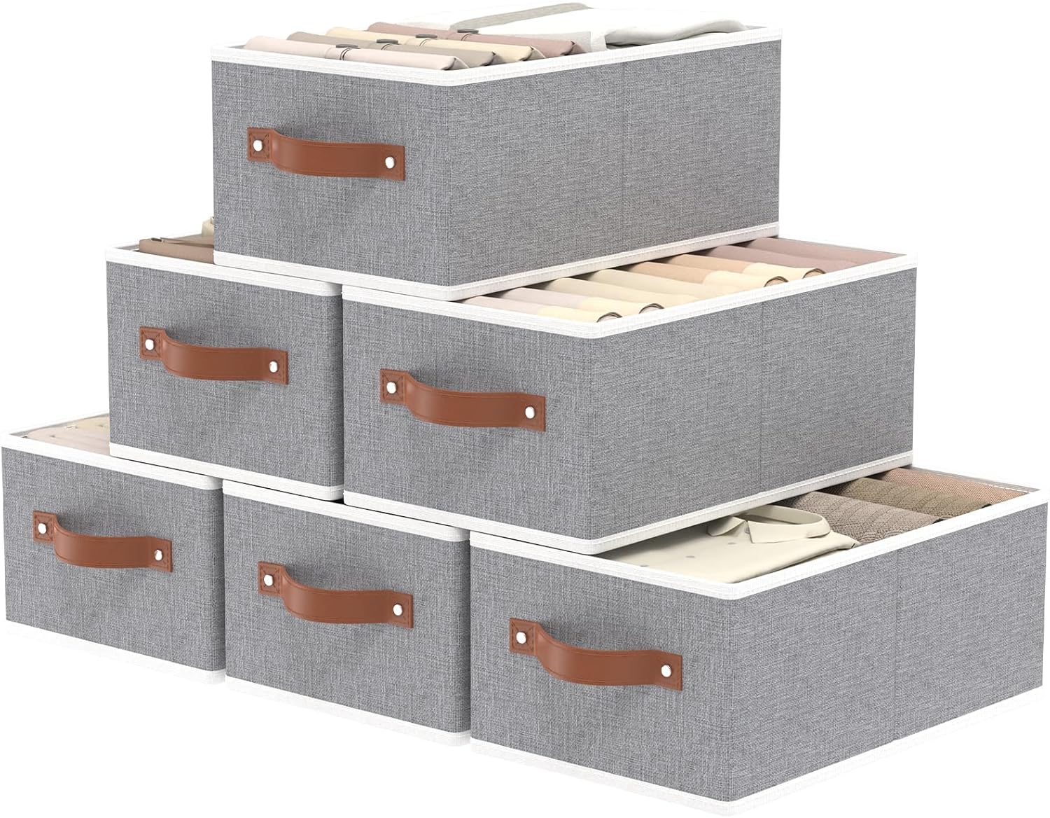 OUTBROS Foldable Bins With Handles, Fabric Storage Boxes, Foldable Bins With Handles, Wardrobe Baskets for Organizing, For bedrooms, living rooms, Shelves, White, 16.1 x 6.5 x 9.8 inch, 6-Pack