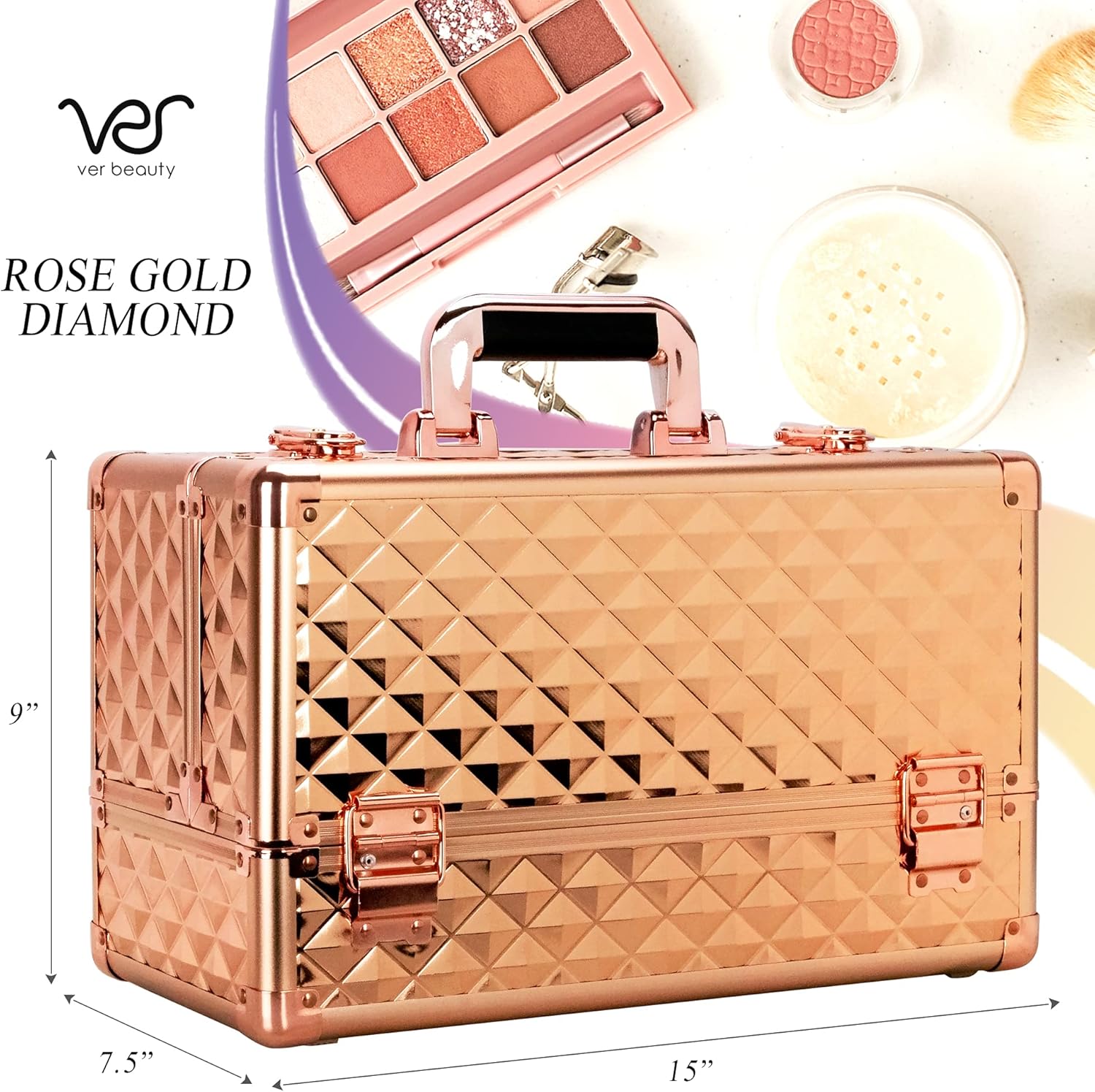 Ver Beauty Makeup Organizer, Cosmetic Travel Kit, Makeup Artist Supplies, 6-Tier Lockable Storage Box, Makeup Train Case, Aluminium Case, Lightweight & Portable Beauty Vanity (Rose Gold Glitter)