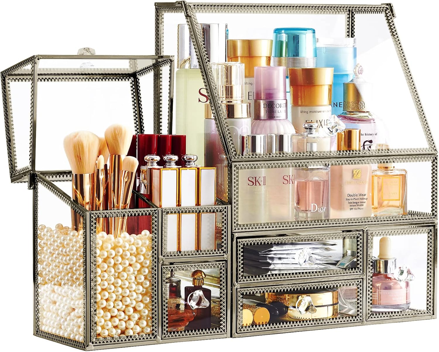 Hersoo Glass Antique Brass Stackable Drawer Set Makeup Organizer for Vanity Antique Countertop Vanity Cosmetic Storage Box Mirror Glass Beauty Display