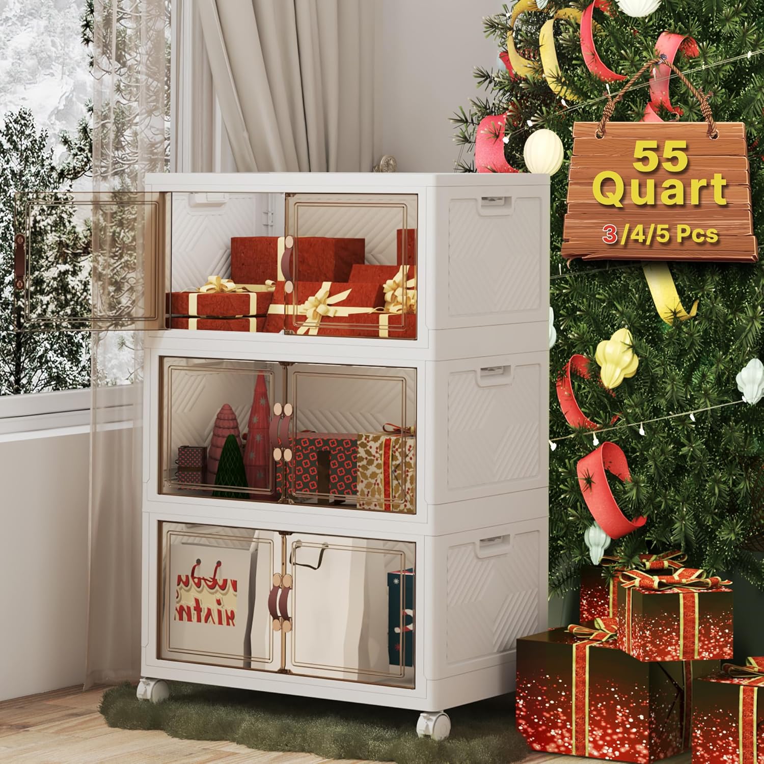 Stackable Storage Bins with Lids, Large Collapsible Storage Bins with Wheels, Plastic Cabinet with Doors, Foldable Closet Organizers for Home, Dorm, Office (White-55QT, 3Pack with 1Top Lid)