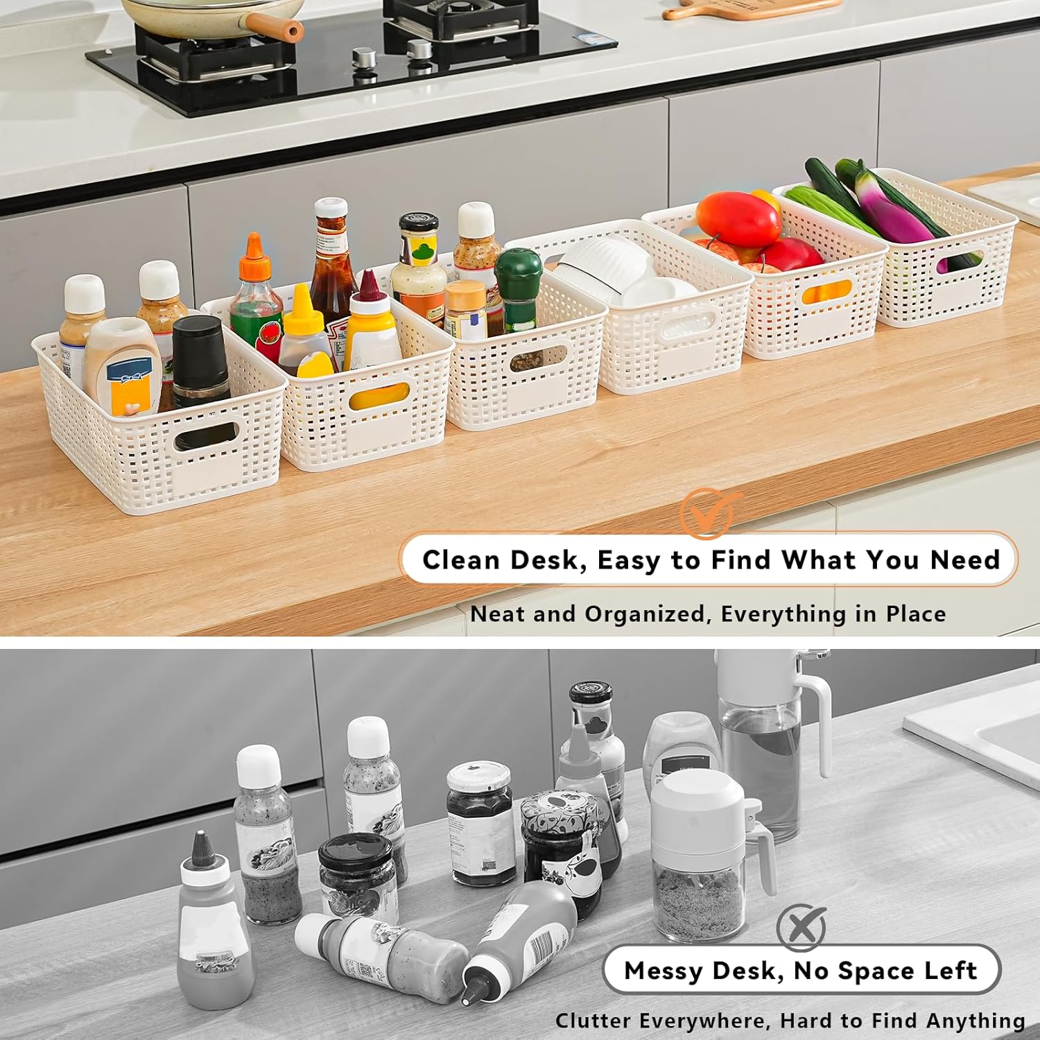 12 Pack Plastic Storage Baskets for Organizing, Storage Baskets for Shelves with Handles, Plastic Storage Bins with Labels, Organizer Baskets for Office, Pantry Organizers and Storage,Cabinet,Closet