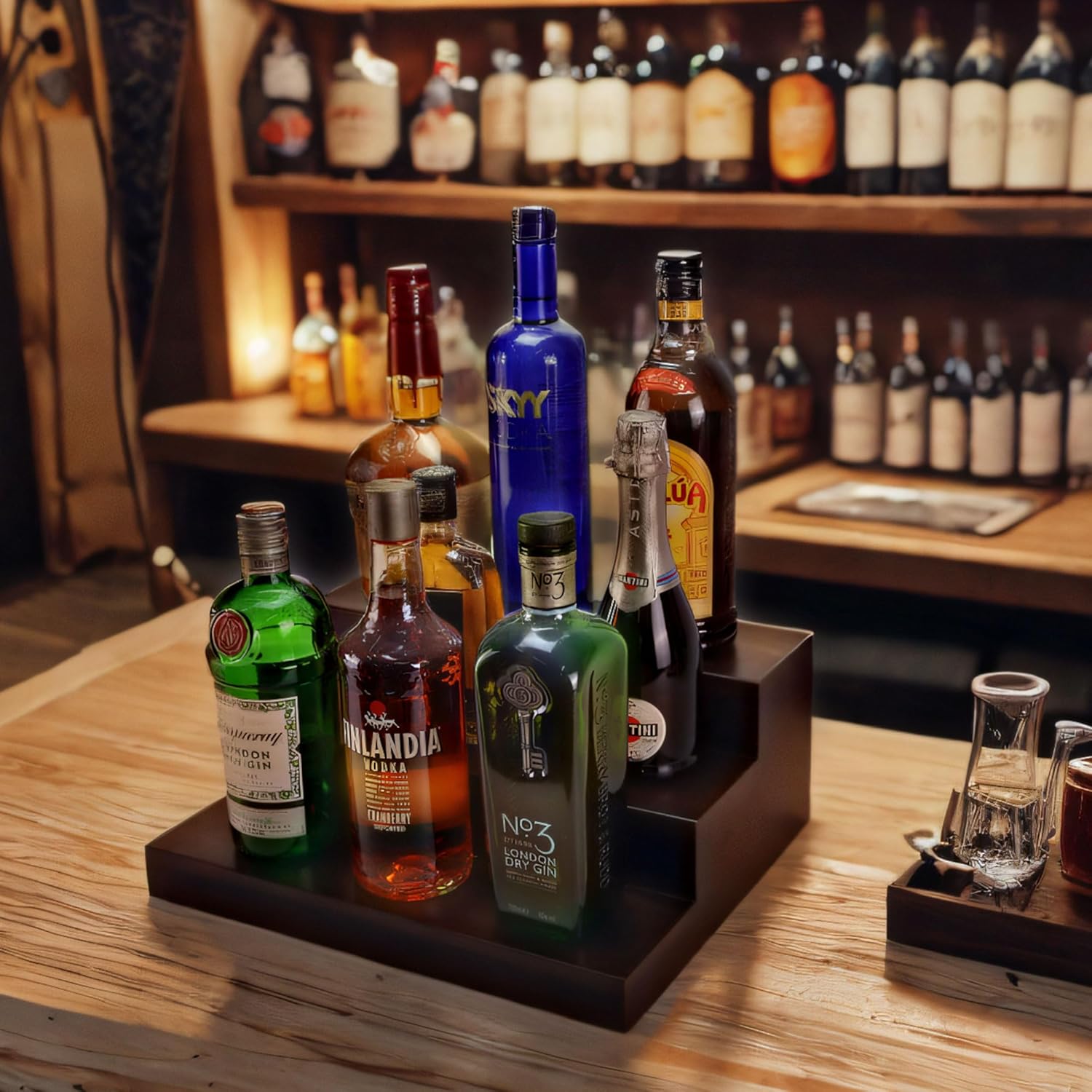 BARsics 3 Tiered Walnut Wood Liquor Bottle Shelf, Back Bar Riser Display 15x12x6 inch