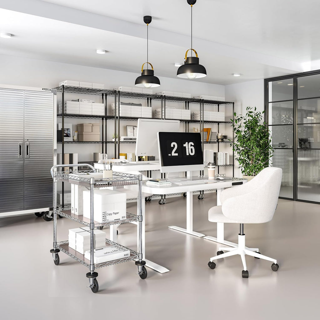 Seville Classics UltraDurable NSF Commercial Heavy Duty Metal Rolling Utility Cart, w/ Steel Shelves, Handle Bar for Restaurant, Garage, Warehouse, Kitchen, Office, Top Basket 35.5"W x 20.25"D, Chrome