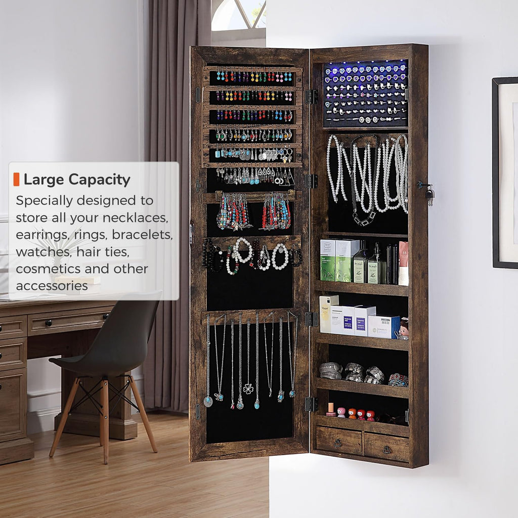 GISSAR Full Length Mirror Jewelry Cabinet, 6 LEDs Jewelry Armoire Wall Mounted Over The Door Hanging, Jewelry Organizer Storage with Lights Lockable, Vintage Brown, 14.6" x 47.2"