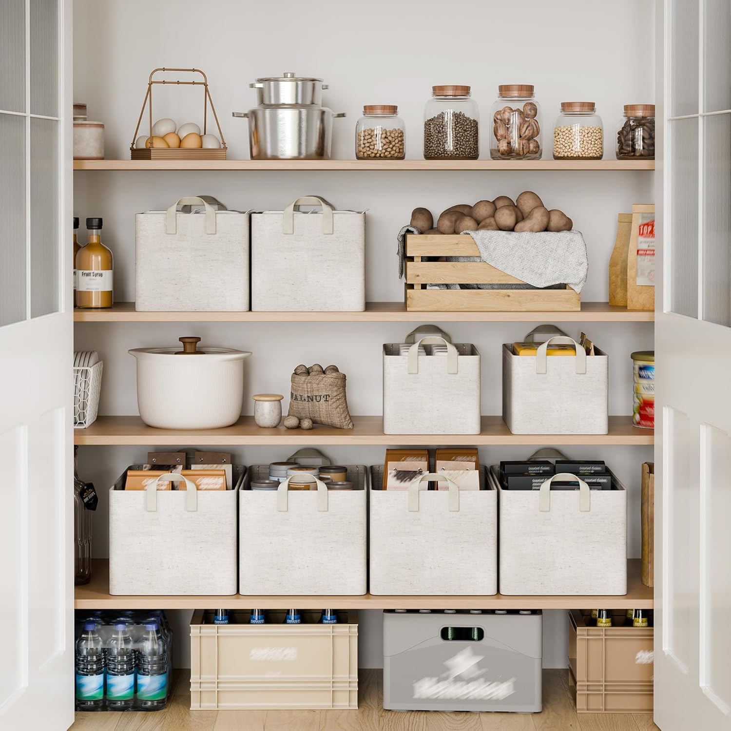 StorageWorks Storage Bins, Shelves Baskets for Organizing, 45L Extra Large Fabric Closet Organizers with Handles, Metal Frame, Beige（Cotton-linen）, 2-Pack