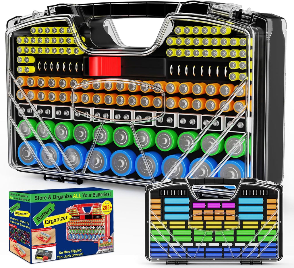 Battery Organizer Storage Holder Box Case with Tester, New Ultra-Large 285+Batteries Double-Sided Variety Pack, Holds AA AAA 4A C D 9V 3V Button Cell Lithium18650 CR2 CR123 CR1632 LR44 - Black