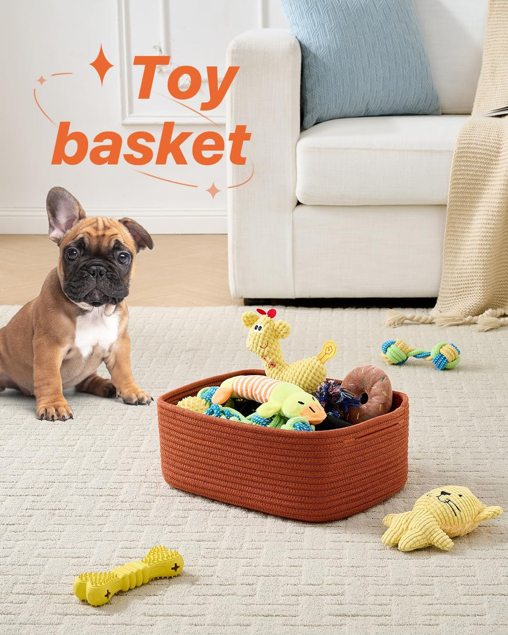 Small Woven Basket, 13.5 x 9.5 x 5 Inches, Storage Basket for Organizing, Cute Small Rope Shelf Closet Cube Storage Bins Baskets for Shelves, Dog Toy Gift Baskets Empty, 3 Pack Rust Red