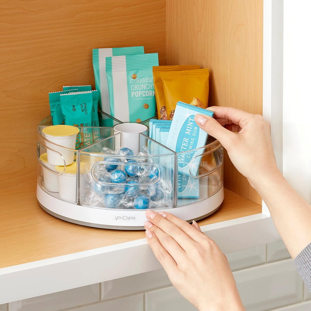 YouCopia Crazy Susan Lazy Susan Organizer, 6 BPA-Free Removable Clear Bins with Handles, Rotating Storage Turntable for Kitchen Cabinet, Pantry and Bathroom Organization,White