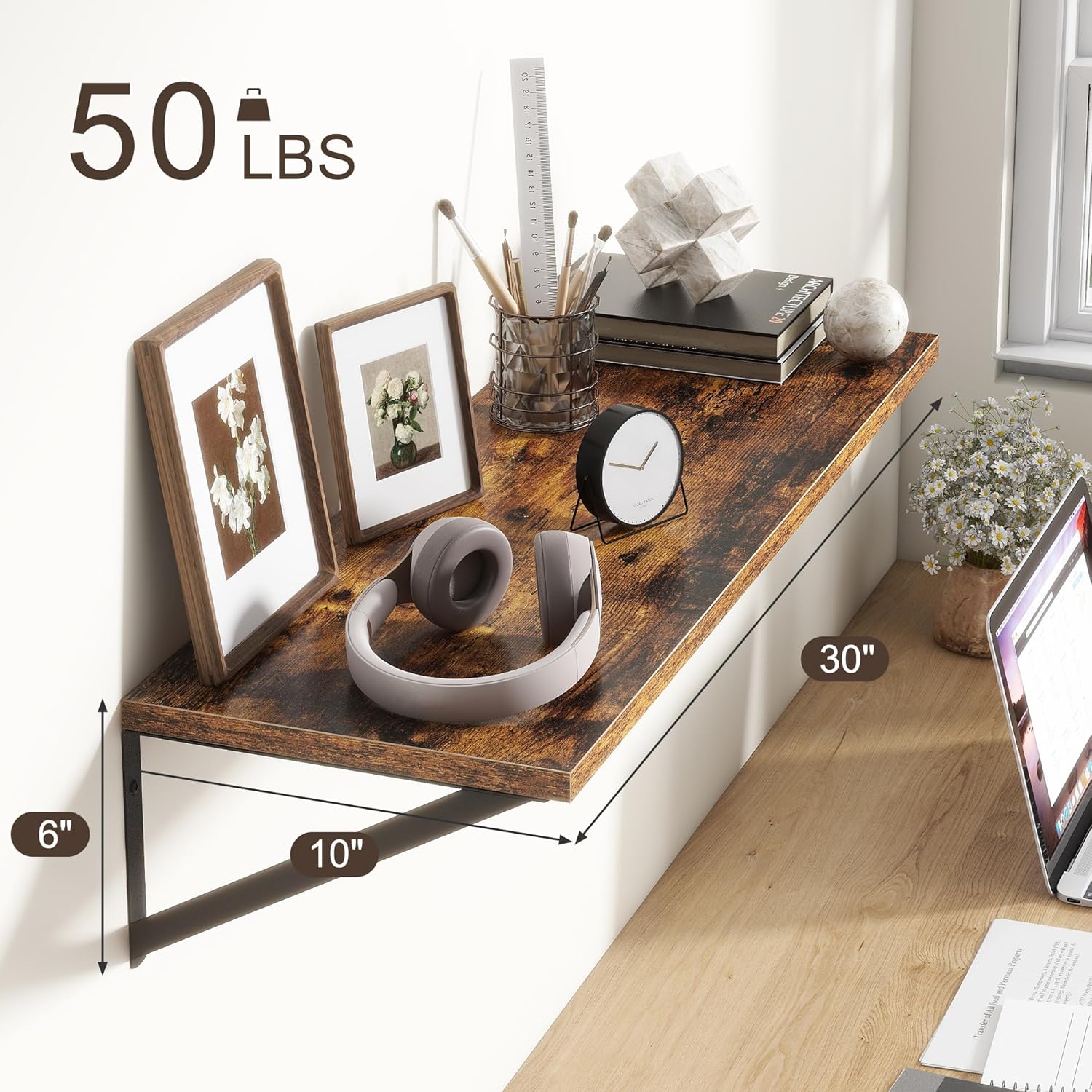 10 Inch Deep Floating Shelves, Floating Shelves 30 Inch Long, Rustic Wood Wall Shelves 30"W x 10"D, Deep Floating Shelf with Bracket, Wide Storage Shelves for Living Room, Bathroom, Rustic Brown