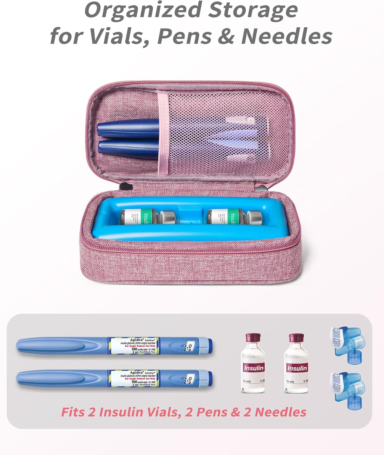 Insulin Vial Cooler Travel Case TSA Approved 300g Reusable Ice Brick Insulin Pen Case Holds 2 Pens and 2 Vials Long Lasting Medicine Cooler for Travel Camping and Outdoor Activities (Red)