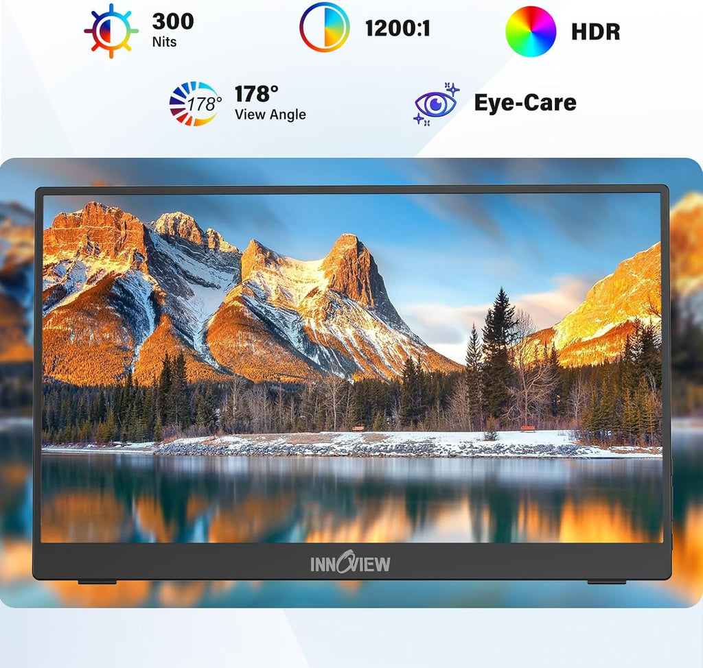 InnoView 15.6'' Portable Monitor for Laptop FHD 1080P USB-C Travel Monitors Built-in 90° Adjustable Stand Without Bag, HDR IPS Portable Laptop Monitor for MacBook PC Phone Xbox PS4/5 Switch