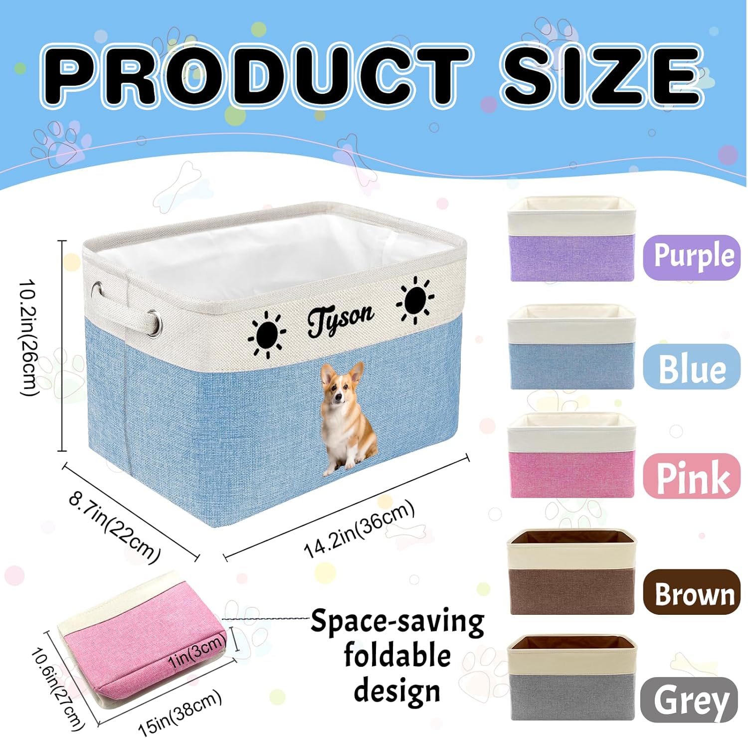 Personalized Dog Toy Storage Basket Bin with Name Photo Custom Pet Collapsible Organizer Box Container for Toys Coats Clothing Blankets