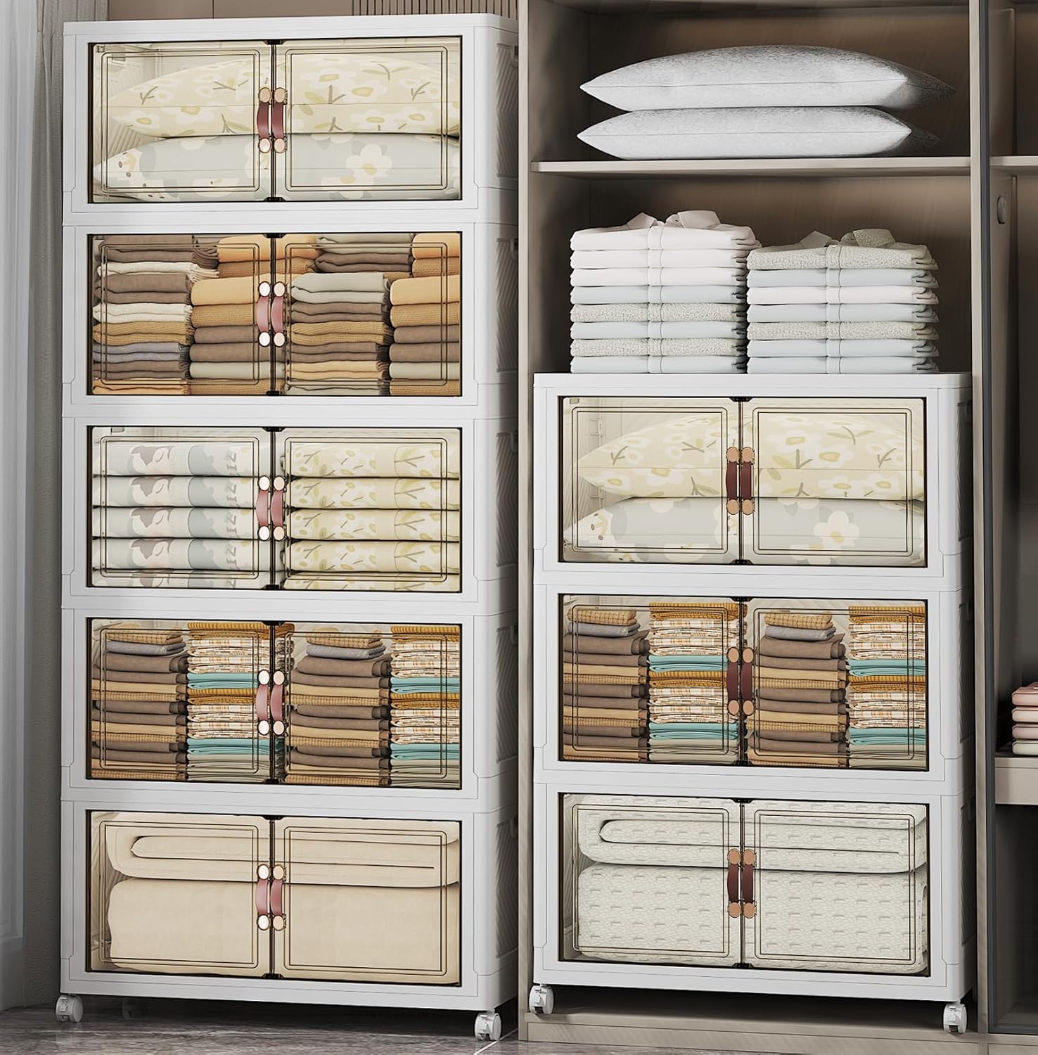 Extra Large Stackable Storage Bins with Lids & Wheels & Door, 1280QT-160QT/40GAL*8Pack Foldable Collapsible Closet Organizers, Plastic containers drawers for bedroom Dorm