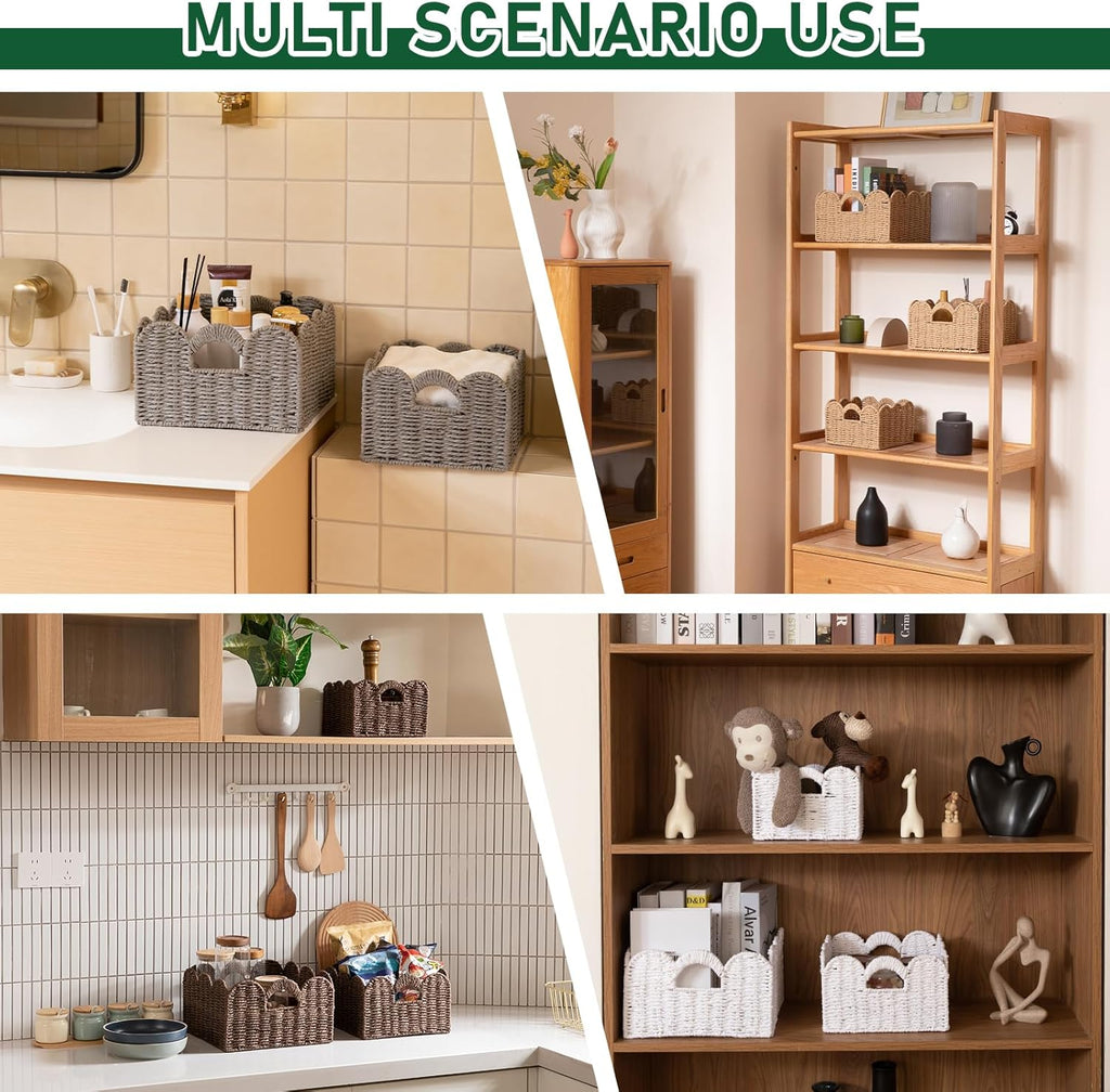 OIAHOMY Scalloped Wicker Baskets, Hand-woven Storage Baskets with Built-in Handles, Paper Rope Shelf Baskets for Organizing and Decoration, Set of 3-Grey