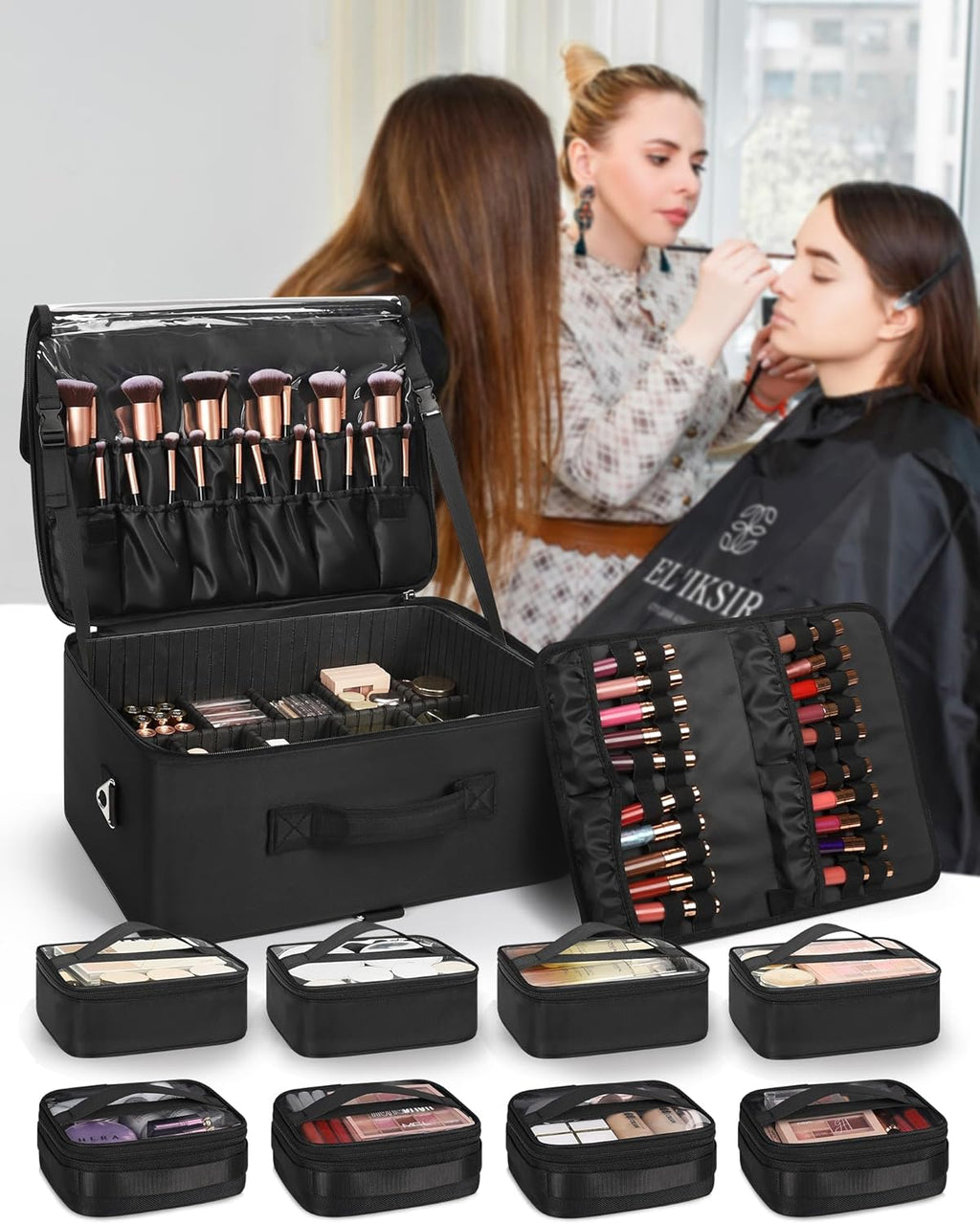 Relavel Extra Large Makeup Case Professional Cosmetic Storage Organizer Box Brush Holder with 8 Clear Set Bags & Lipstick Plate for Makeup Artists with Shoulder Strap & Adjustable Dividers