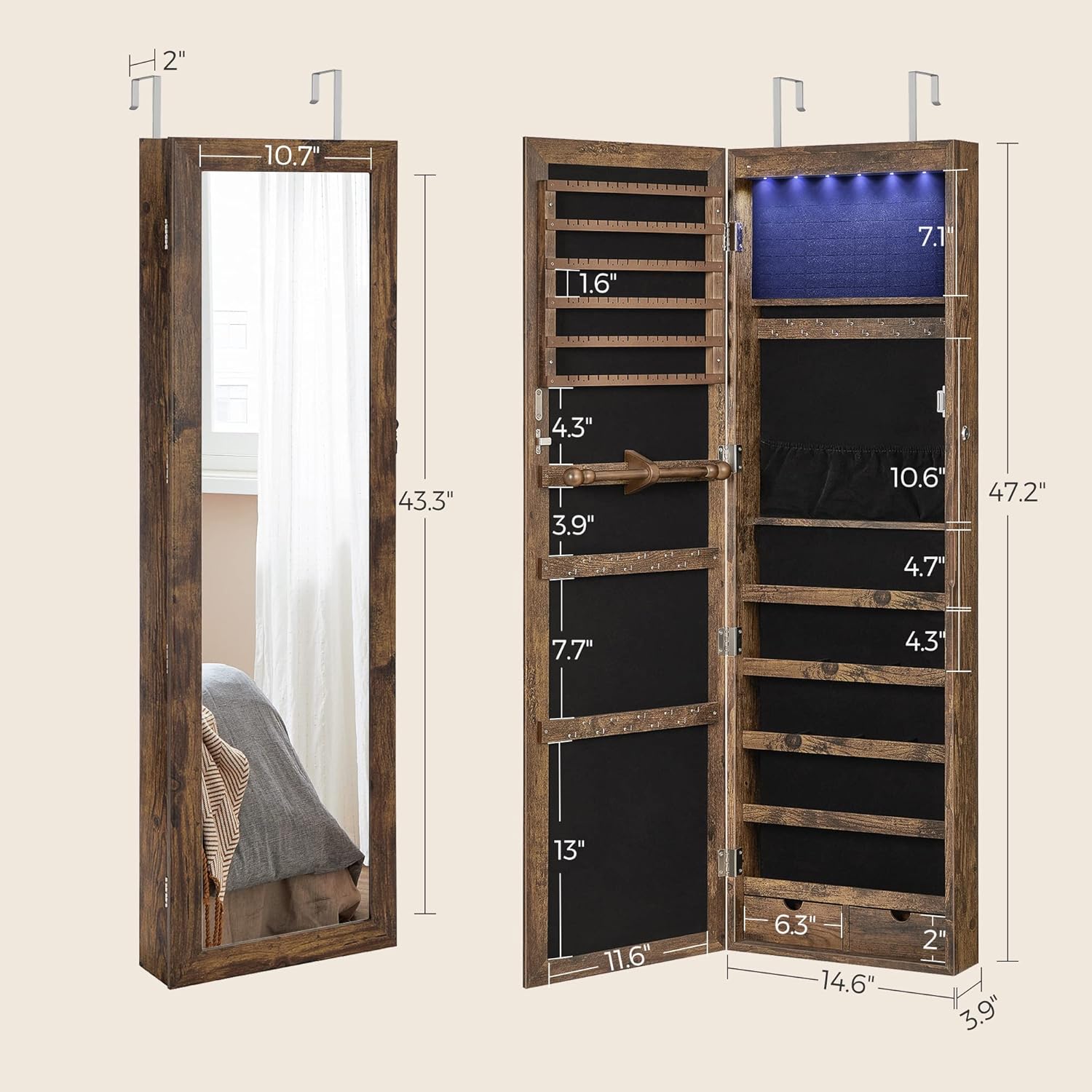 SONGMICS 6 LEDs Mirror Jewelry Cabinet, 47.2-Inch Tall Lockable Wall or Door Mounted Jewelry Armoire Organizer with Mirror, 2 Drawers, Christmas Gift, 3.9 x 14.6 x 47.2 Inches, Rustic Brown