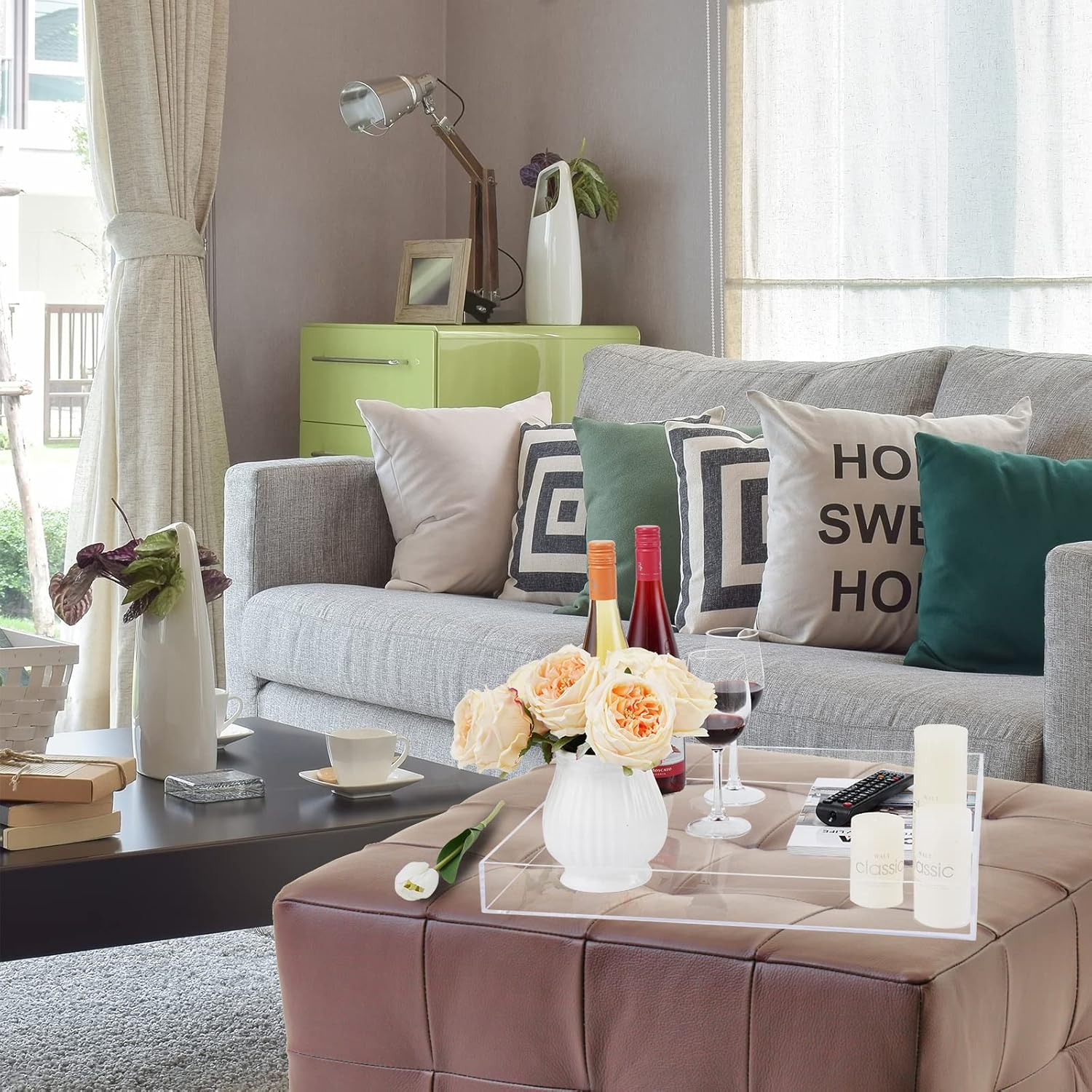 18×18 Inch Clear Acrylic Serving Tray with Handles Extra Large Ottoman Tray Decorative Tray Spill-Proof Coffee Table Space Saver Oversize Counter top Organizer Platter with Safe Edge