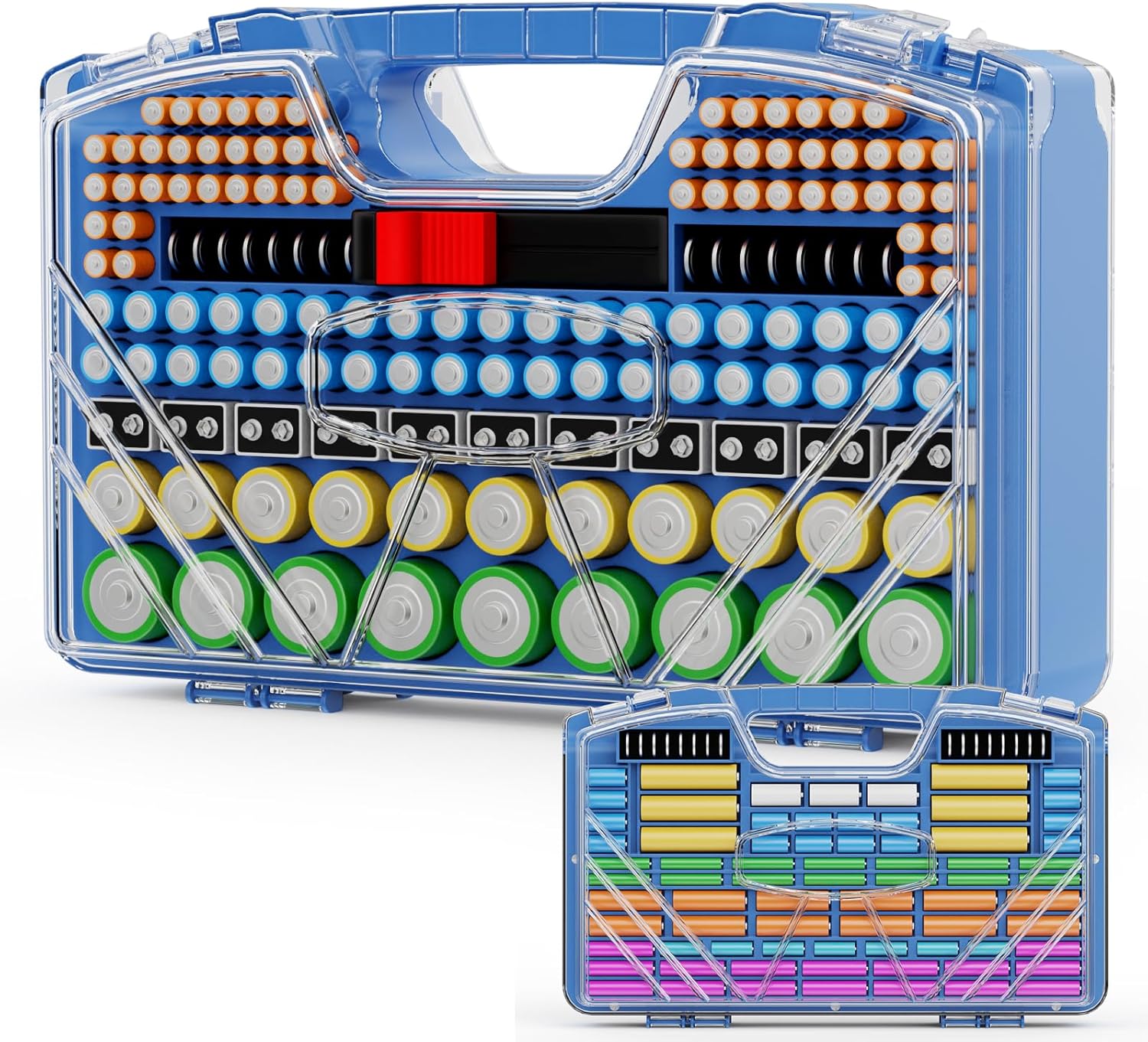 Battery Organizer Storage Holder Box Case with Tester, Stores & Protects Up to 285+ Batteries, Double-Sided and Durable Design,Holds AA AAA 4A C D Cell 9V 3V Lithium LR44 CR2 CR123 (Blue)