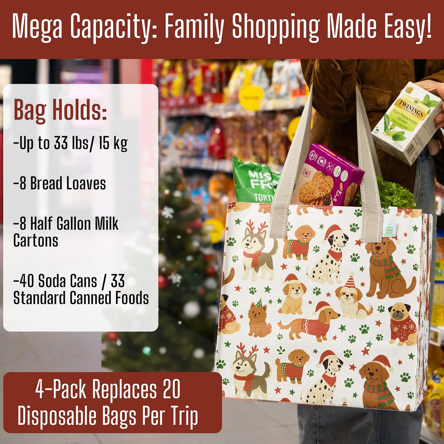 VENO 4 Pack Christmas Reusable Grocery Bags, Heavy-Duty Shopping Bags with Handles, for Shopping Cart with Hard Bottom to Stand Upright, Foldable (Holiday Pups, 4 Pack)