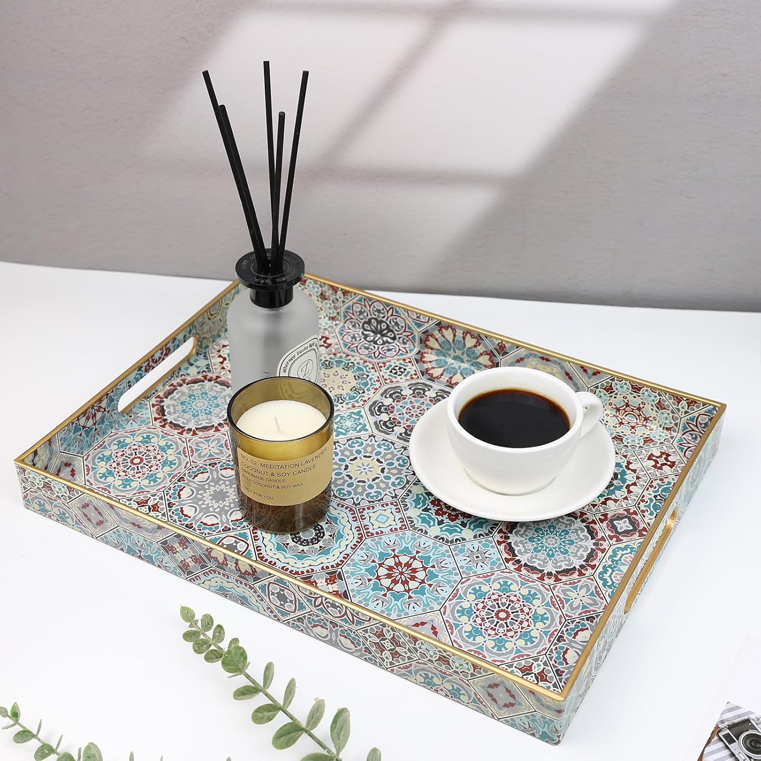 Spsyrine Decorative Serving Tray with Handles, Lacquered Coffee Table Tray for Ottoman, Rectangular Waterproof Platters for Centerpieces, Parties, Living Room, Kitchen Counter Organization SP3040RE2