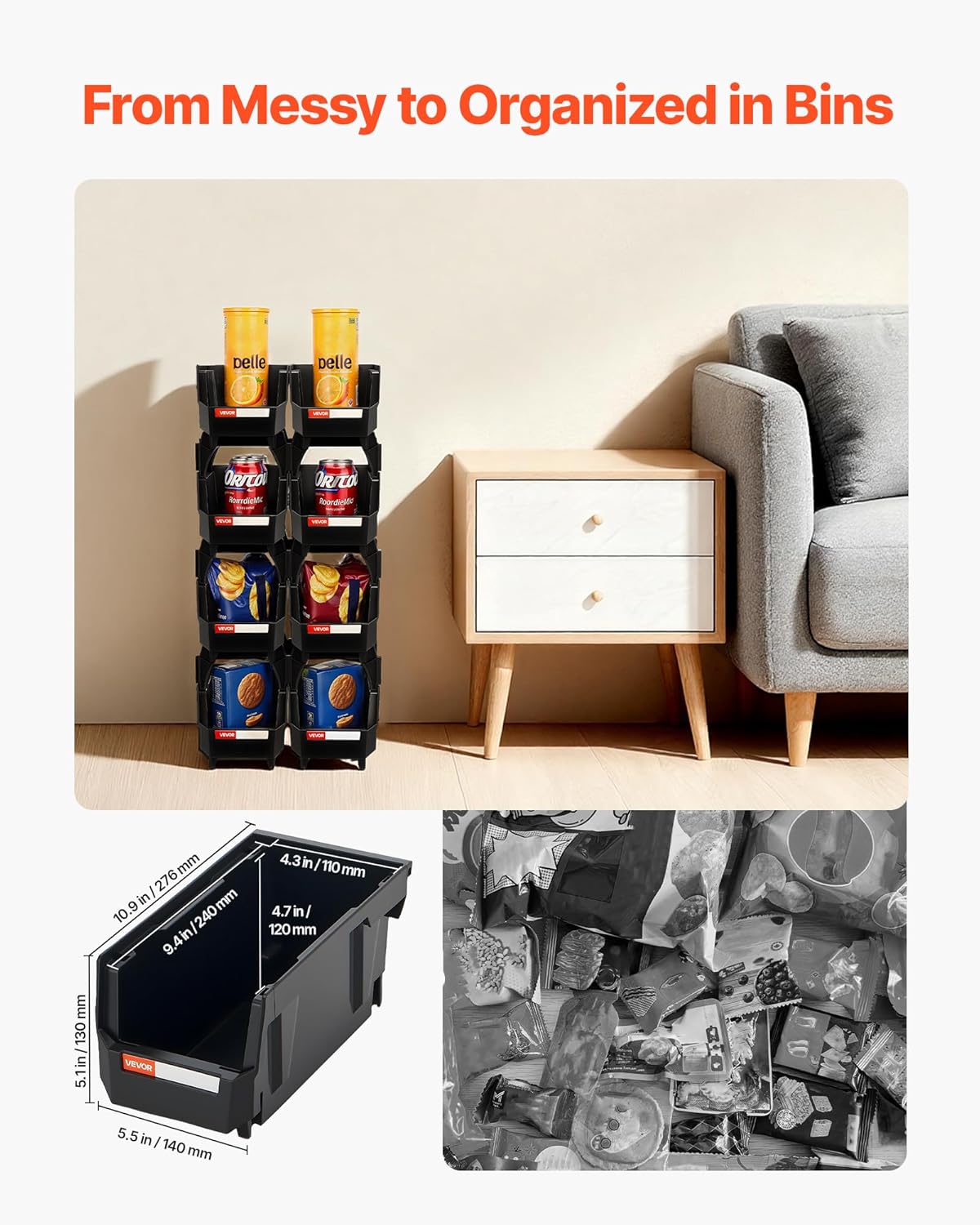 VEVOR Plastic Stackable Storage Bins, 10.9 x 5.5 x 5.1 inch (8 Pack), Plastic Containers for Organizing and Storage Bins for Closet, Garage, Small Parts, Office Supplies and Other Accessories, Black