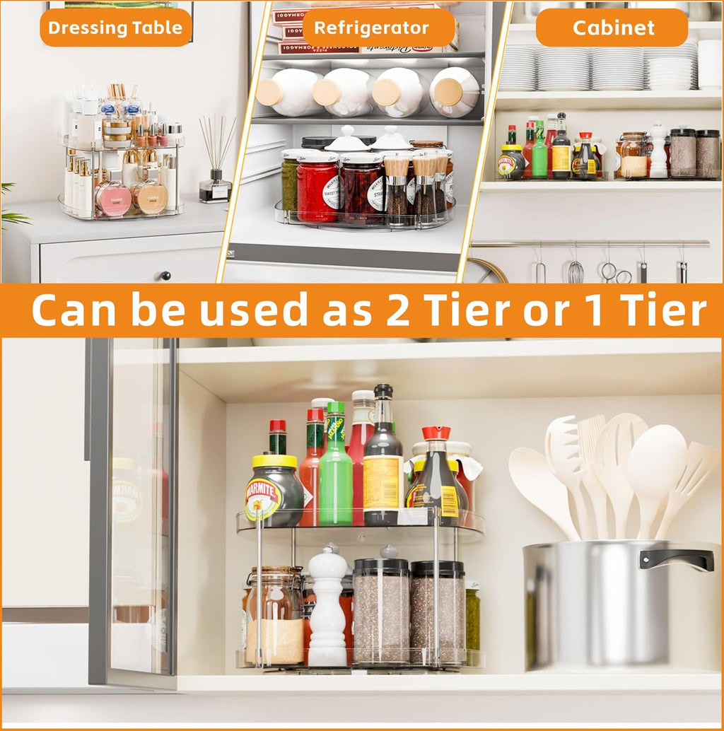 Yieach 2 Pack Rectangle Lazy Susan for Refrigerator,12″x10″ Square Fridge Turntable Organizer & Tray and 2 Tier Rotating Spice Rack for Jar,Can,Medication,Condiments,Seasoning Organizer for Cabinet