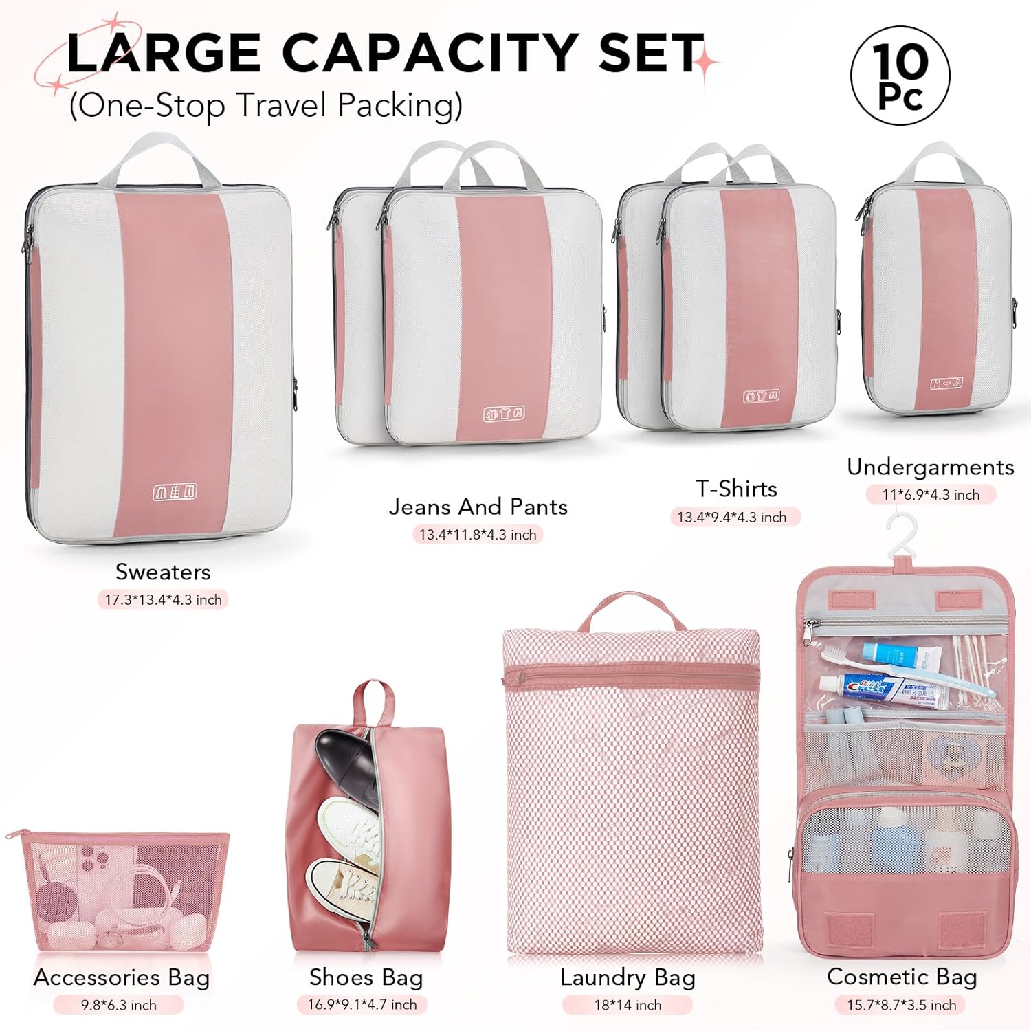 10 Set Compression Packing Cubes for Travel Essentials,Compressible Expandable Packing Cubes for Suitcase,OlarHike Luggage Organizer Bags for Travel,Handy Helper for Organizing Clothes(Light Coral)