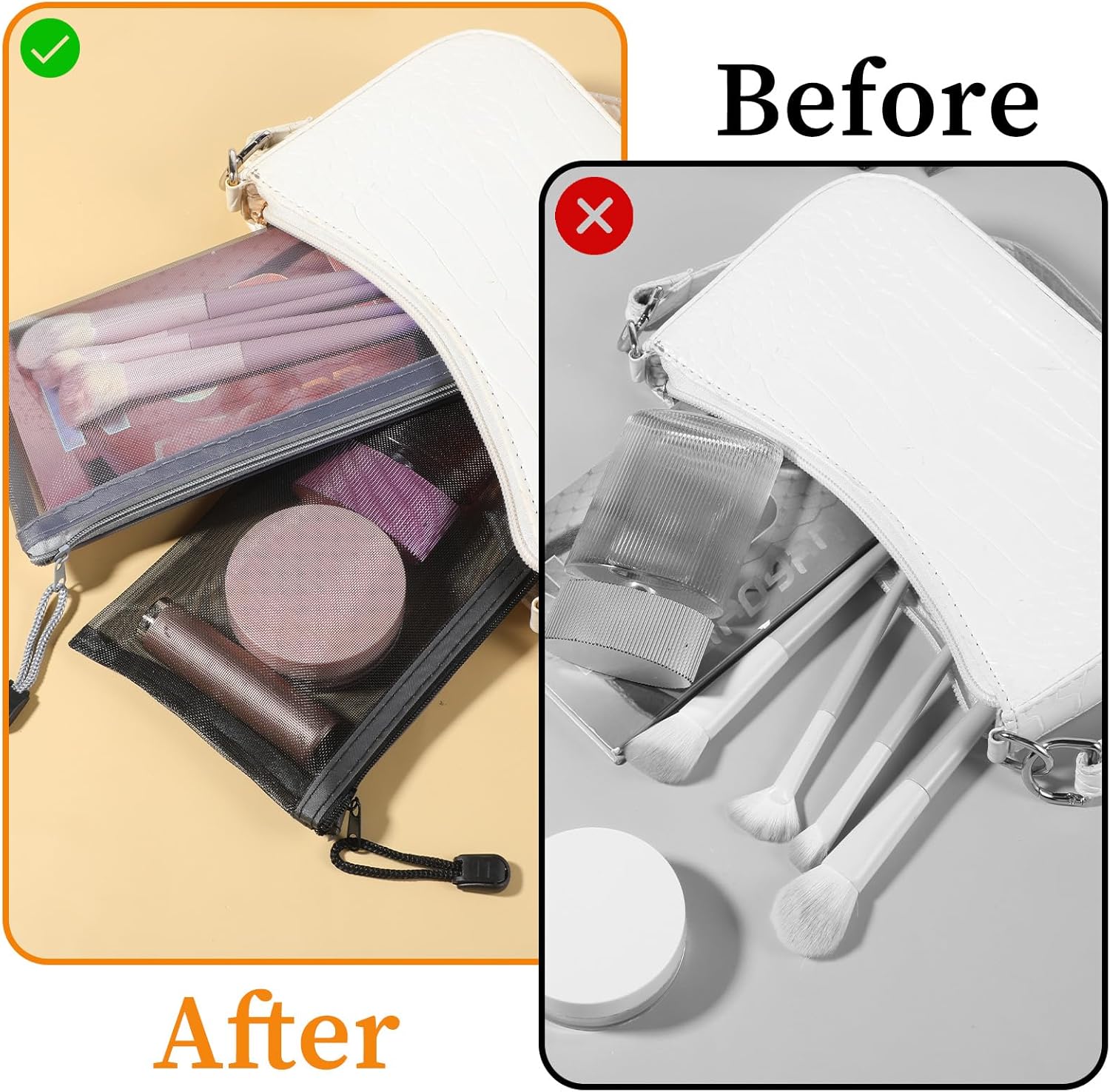 6 PCS Mesh Zipper Makeup Pouch Bags, Nylon Mesh Zipper Cosmetic Bags, Portable Travel Makeup Brush Pouches for Purse Toiletry Bag Organizer Case Diaper (Black, White, Gray)