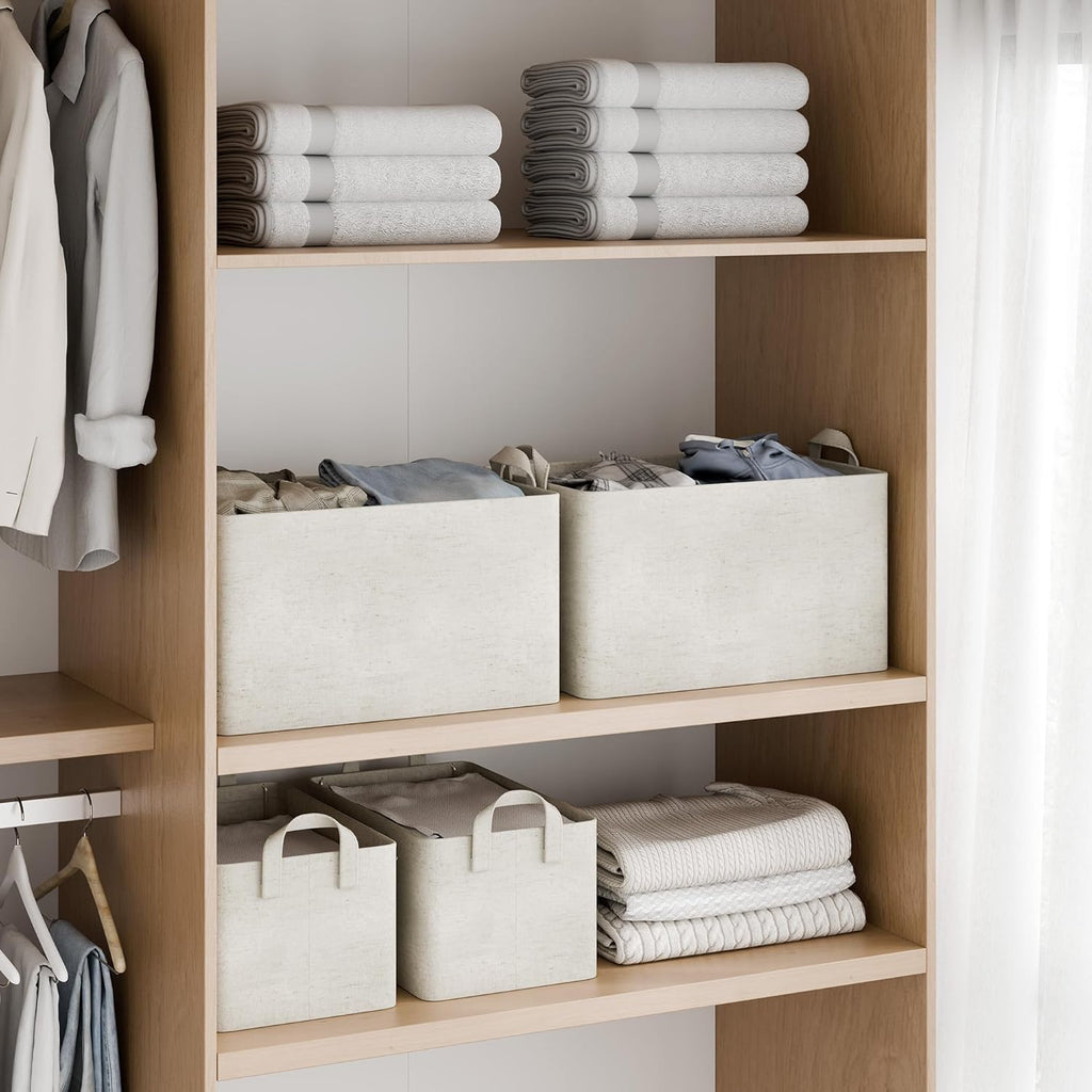 StorageWorks Storage Bins, Shelves Baskets for Organizing, Fabric Closet Organizers with Handles, Metal Frame, Beige（Cotton-linen）, 2-Pack