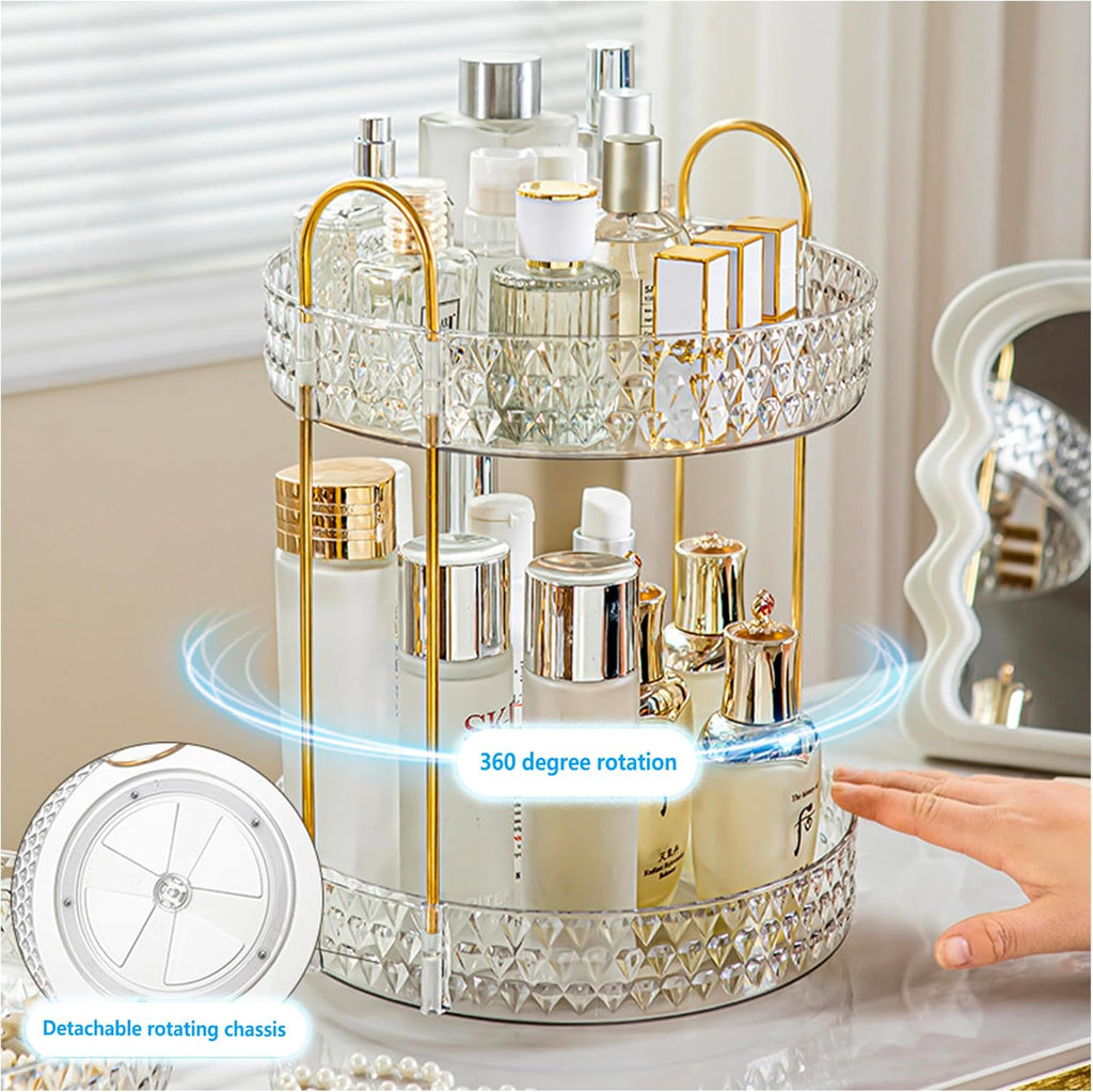 Double Layered Glass Tray with Golden Handles, Circular Decorative Storage Rack, Cosmetics, Dining Table, Bathroom, Bedroom, attic, Outdoor Small Items are Easy to find