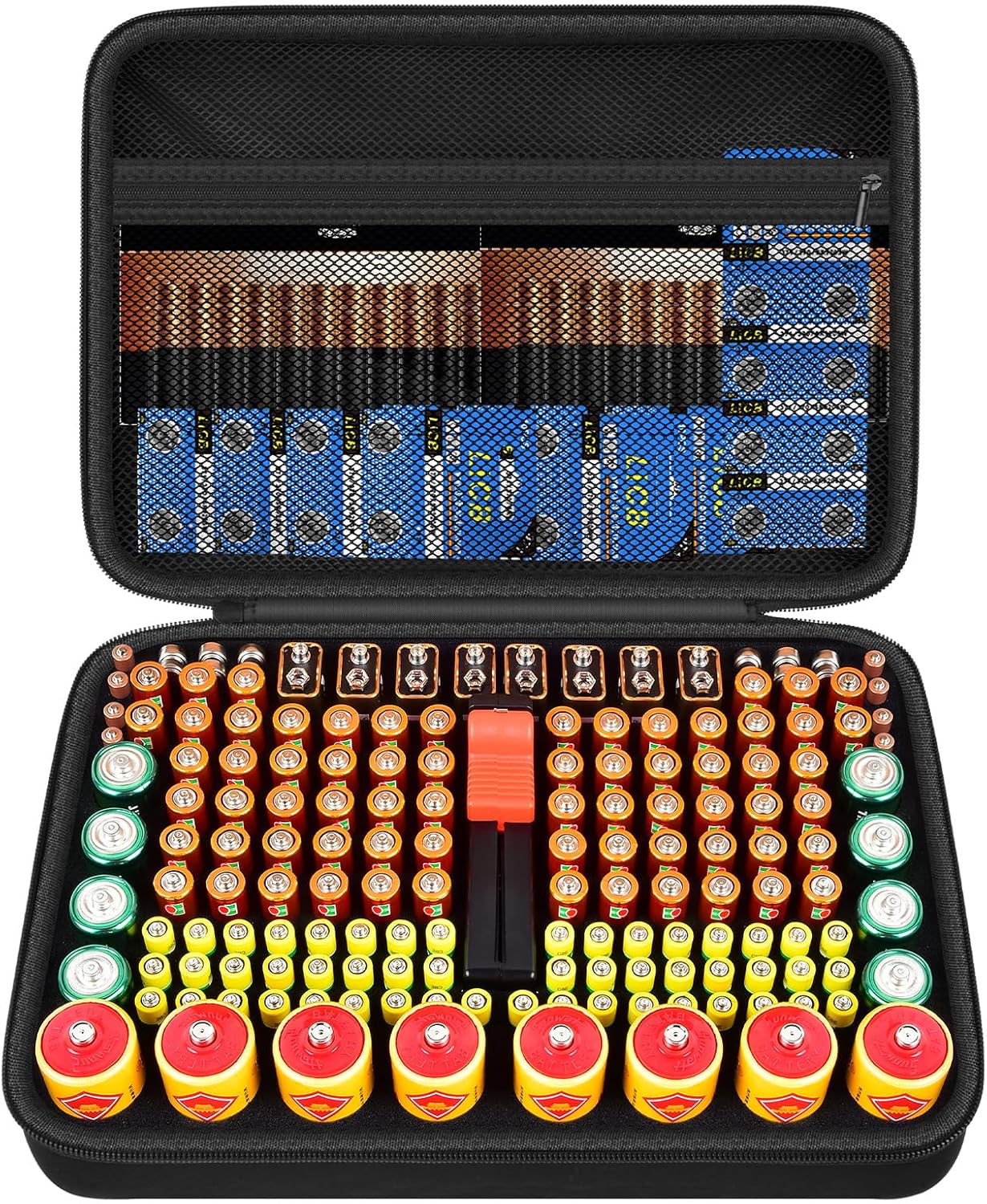 Battery Organizer Storage Case with Tester, Batteries Holder Box Carrying Container Bag, Garage Vault Organization Holds 162+ Battery Variety Pack AA AAA AAAA C D 9V 3V Lithium(No Batteries) (Black)