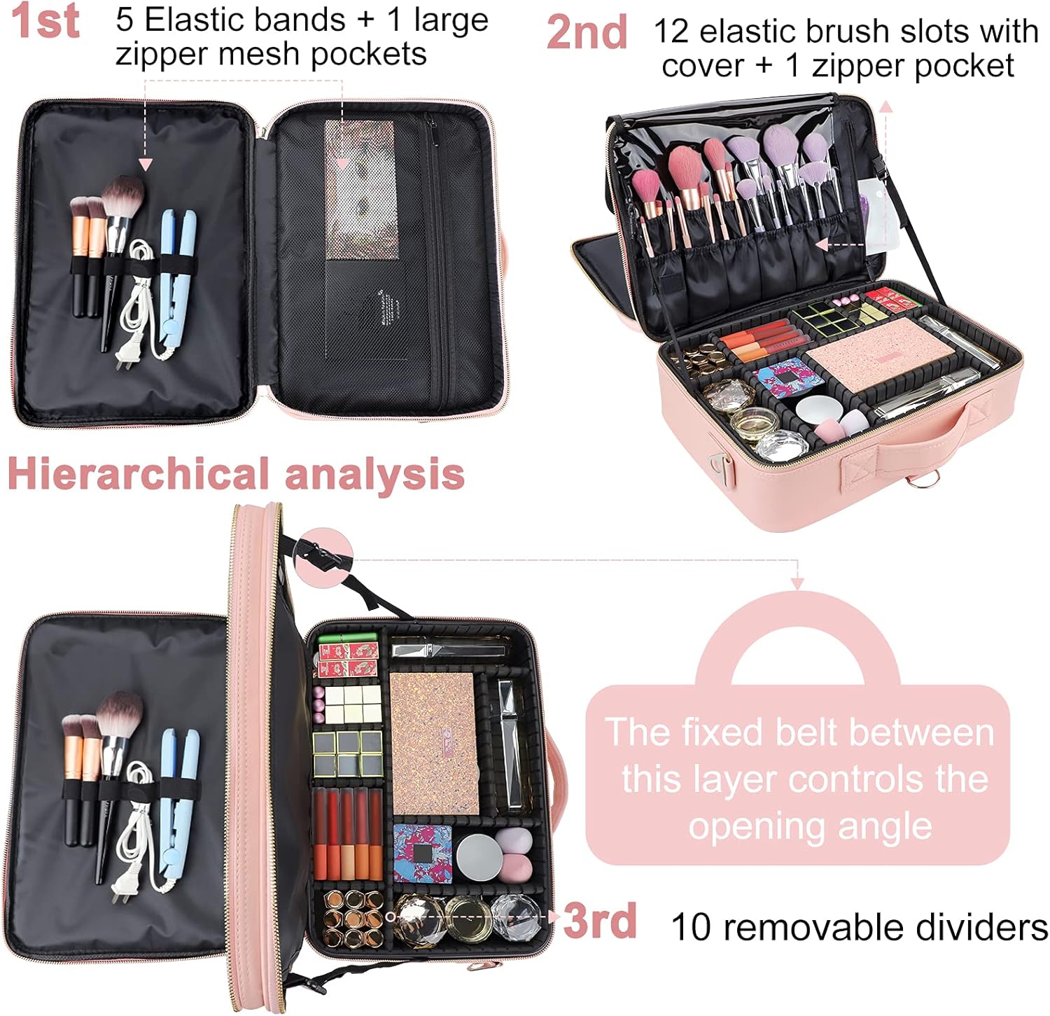 JOURMON Travel Makeup Train Case,Large Capacity Cosmetic Bags for Women,Portable Makeup Bag Organizer with Adjustable Dividers & Shoulder Strap(Pink, L)