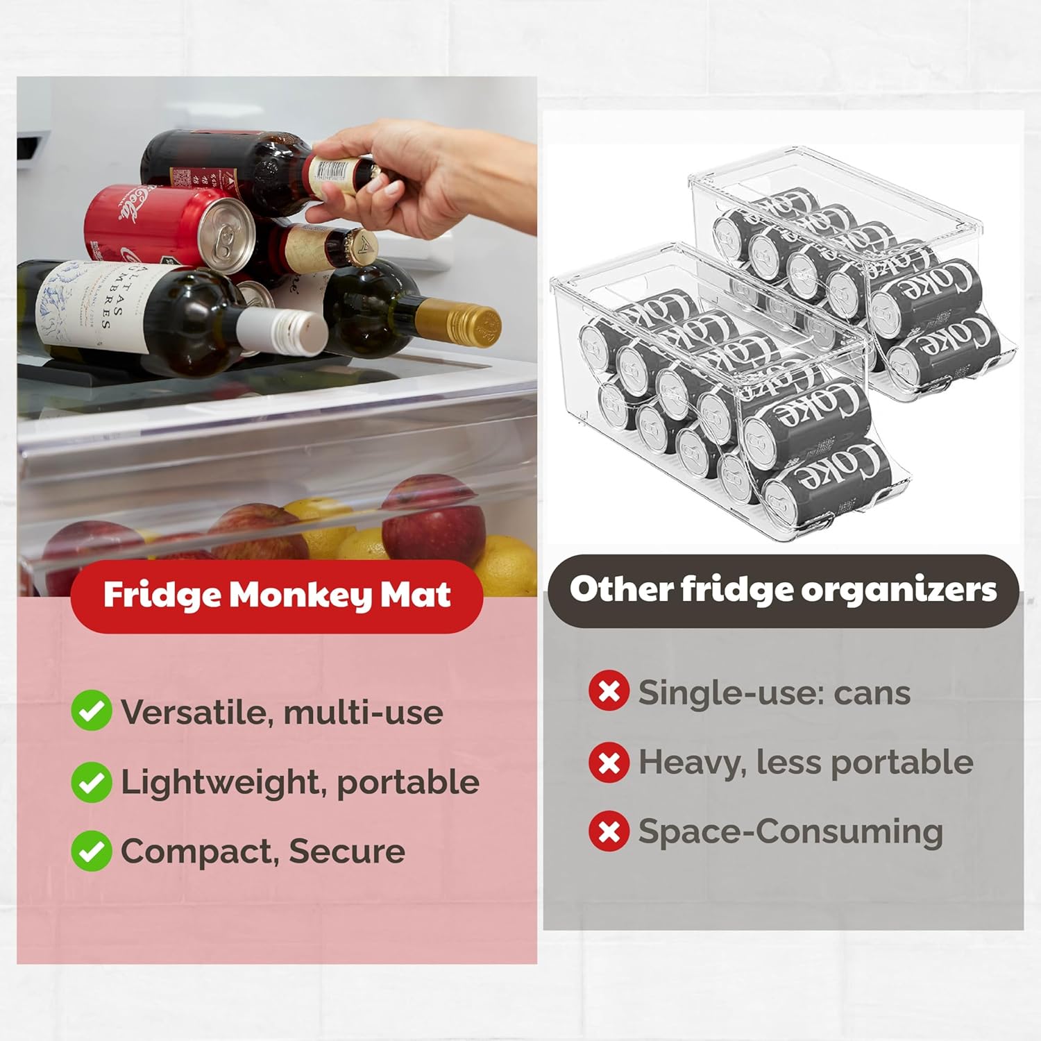 Cooks Innovations Drink Organizer for Fridge, Soda Can Refrigerator Organizers and Storage, Beer-Wine-Water Bottle Holder, Fridge Monkey - Durable Non-Slip&Roll