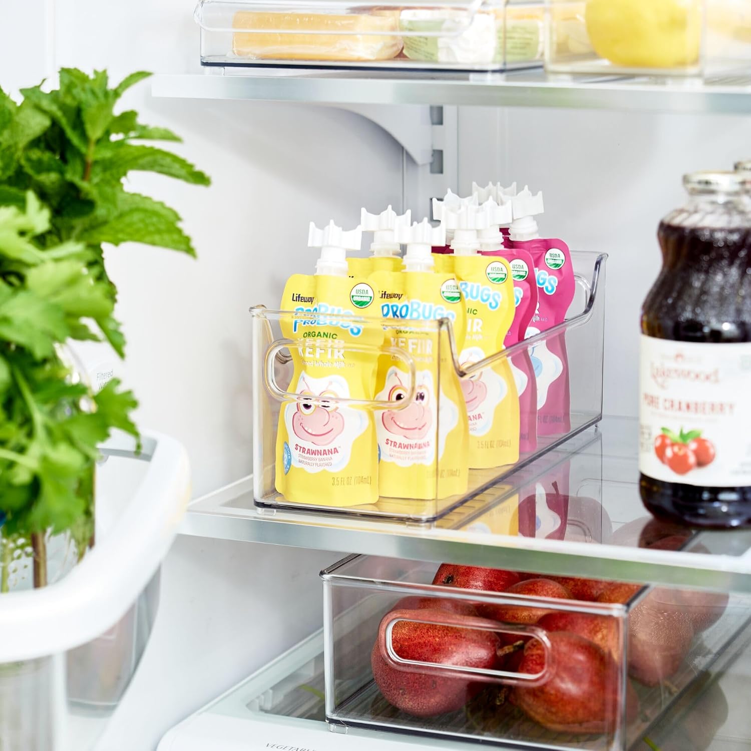 InterDesign iDesign Stackable Plastic Pantry Bin with Handles for Cabinets or Fridge, Clear, Made in USA (Pack of 4)