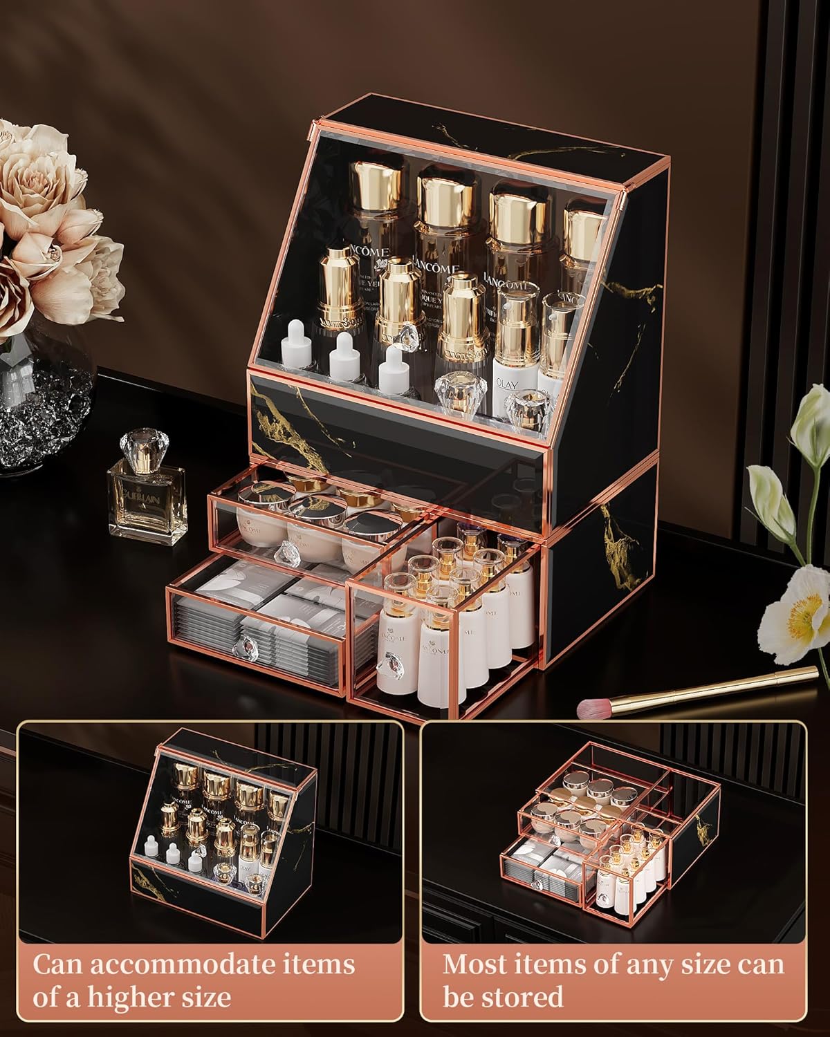 Makeup Organizer for Vanity, Black Makeup Organizer with Drawer, Skincare Holder for Bathroom Countertop,Cosmetic Display Case for Dresser