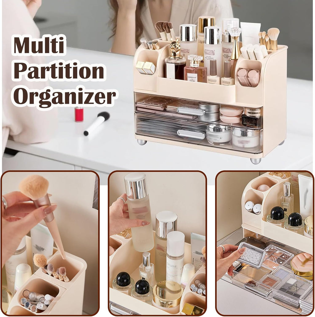 Large Makeup Organizers Countertop for Vanity, Bathroom Make Up Storage with Brush Holder, Cosmetic Display Case with 2 Drawers for Skincare,Lipstick (Cream White)
