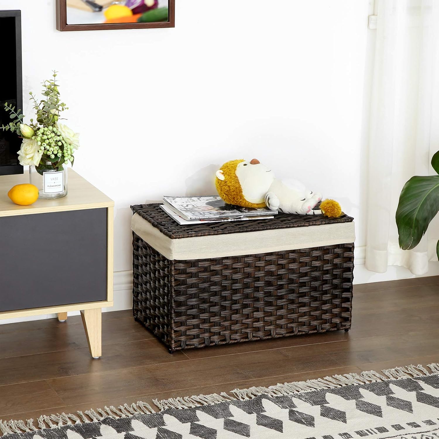 SONGMICS Storage Basket with Lid, Woven Blanket Storage Bin with Handles, Foldable, Removable Liner, Metal Frame, for Bedroom, Laundry Room, 17.2 Gallons (65 L), Brown URST56BR