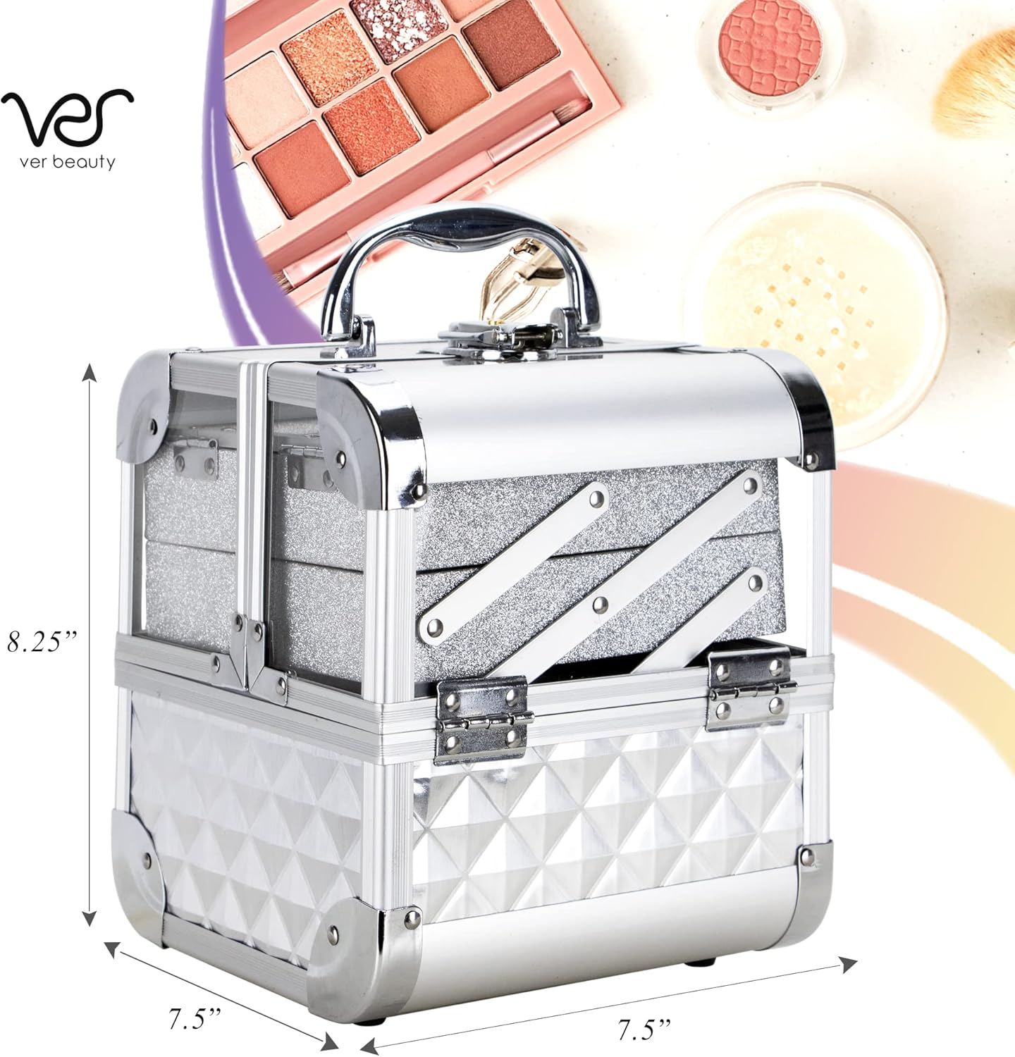 Ver Beauty Makeup Box Cosmetic Train Case with Clear Armored Acrylic Jewelry Organizer with 2 Tiers Trays and Mirror Lockable Portable Travel Cosmetic Display Aluminum Case (Silver Diamond)