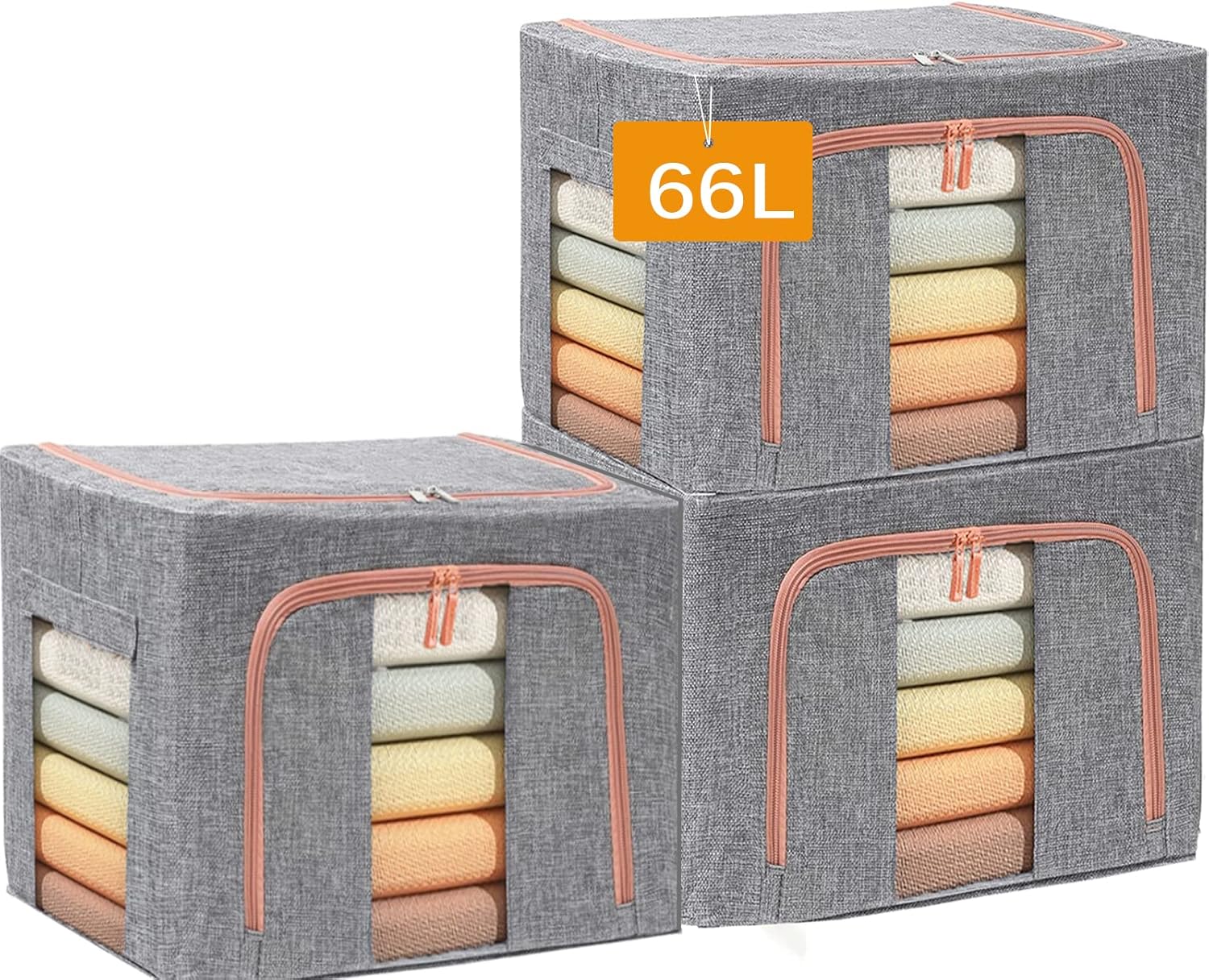 Large Capacity Clothes Storage Bags,Stackable Storage Organizer with Foldable Metal Frame, 2-Way Zipper, Handles, Clear Window for Clothes, Bedding, Seasonal Storage (3Pack, 66L)