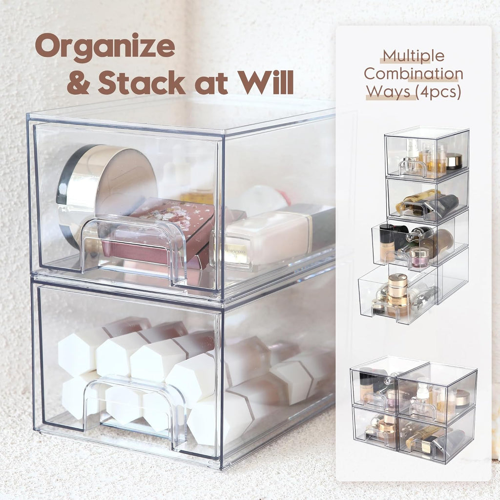Sea Team 2-Pack Clear Makeup Organizer with Drawers, Acrylic Plastic Cosmetic Display Case, Jewelry Storage Box, Holder for Dresser, Bathroom, Vanity, Kitchen Cabinets, Pantry, Countertop