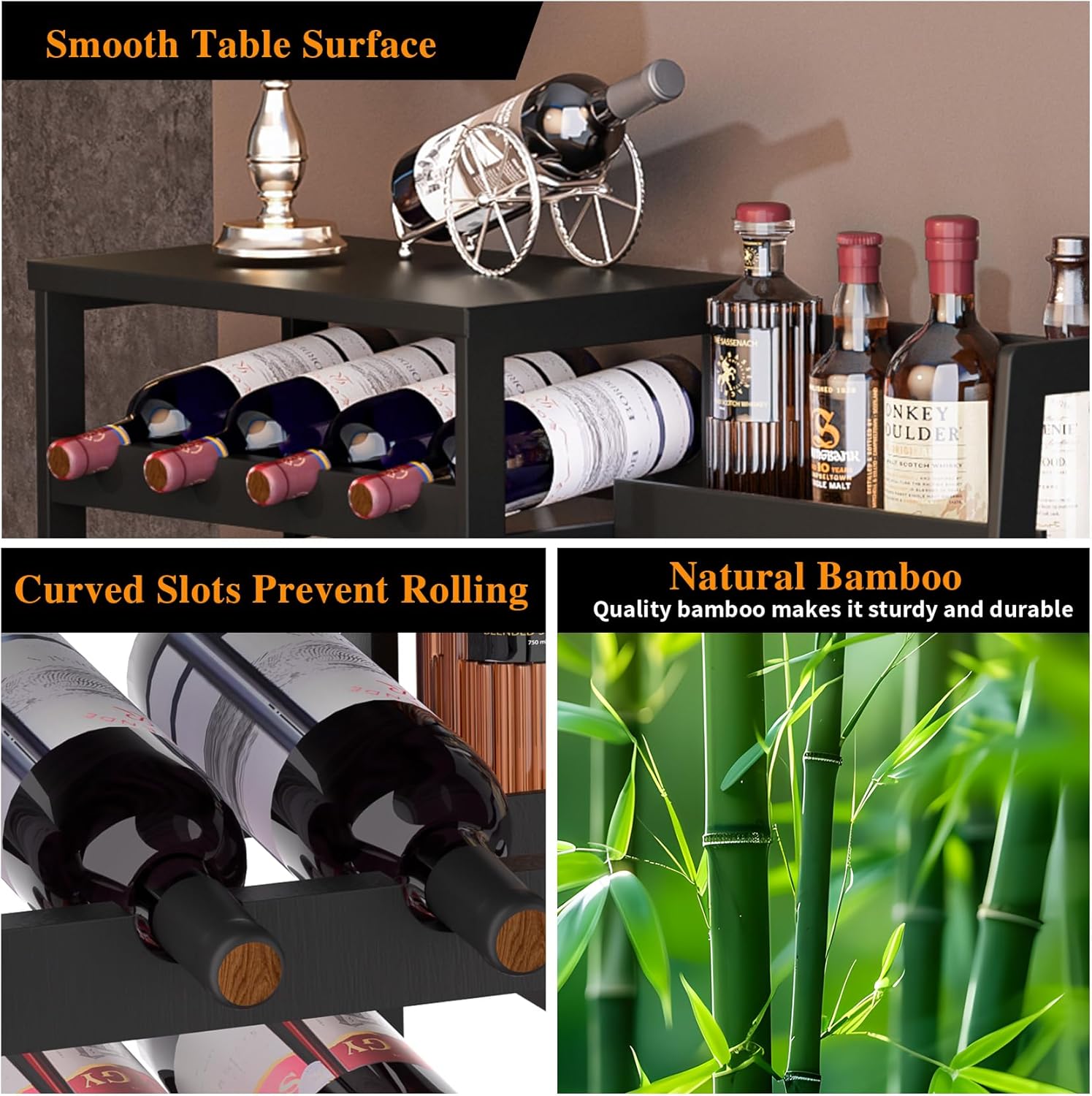 VASMIA Versatile Liquor Stand for Home Bar, Wine Rack Freestanding Floor, Mini Bar Table with Bamboo Trapezoidal Liquor Bottle Display Shelf Cabinet for Living Room, Black