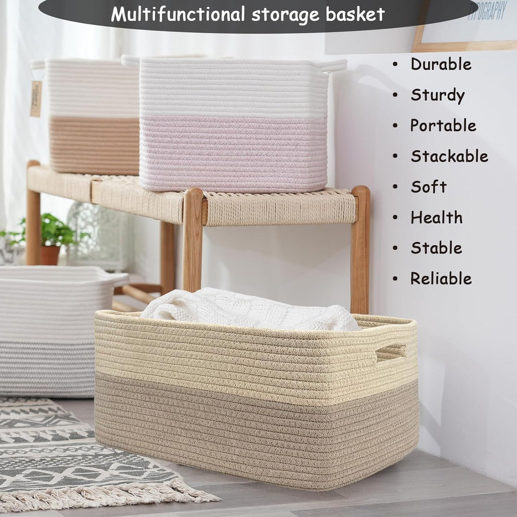COMFY-HOMI 3 pcs Large Storage Baskets for Shelves, Laundry Basket, Woven Rope Basket, Closet Organizer Bins for Clothes Blanket Towels, Baby Nursery, Gift Toy Baskets, 17” x 13” x 7.5”-Beige Brown