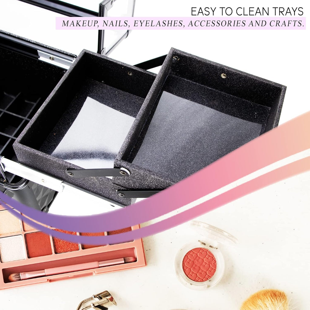 Ver Beauty Armored Acrylic Cosmetic Case Organizer Train Makeup Case with 4 Extendable Trays and Bottom Compartment Key and Lock (Black Diamond)