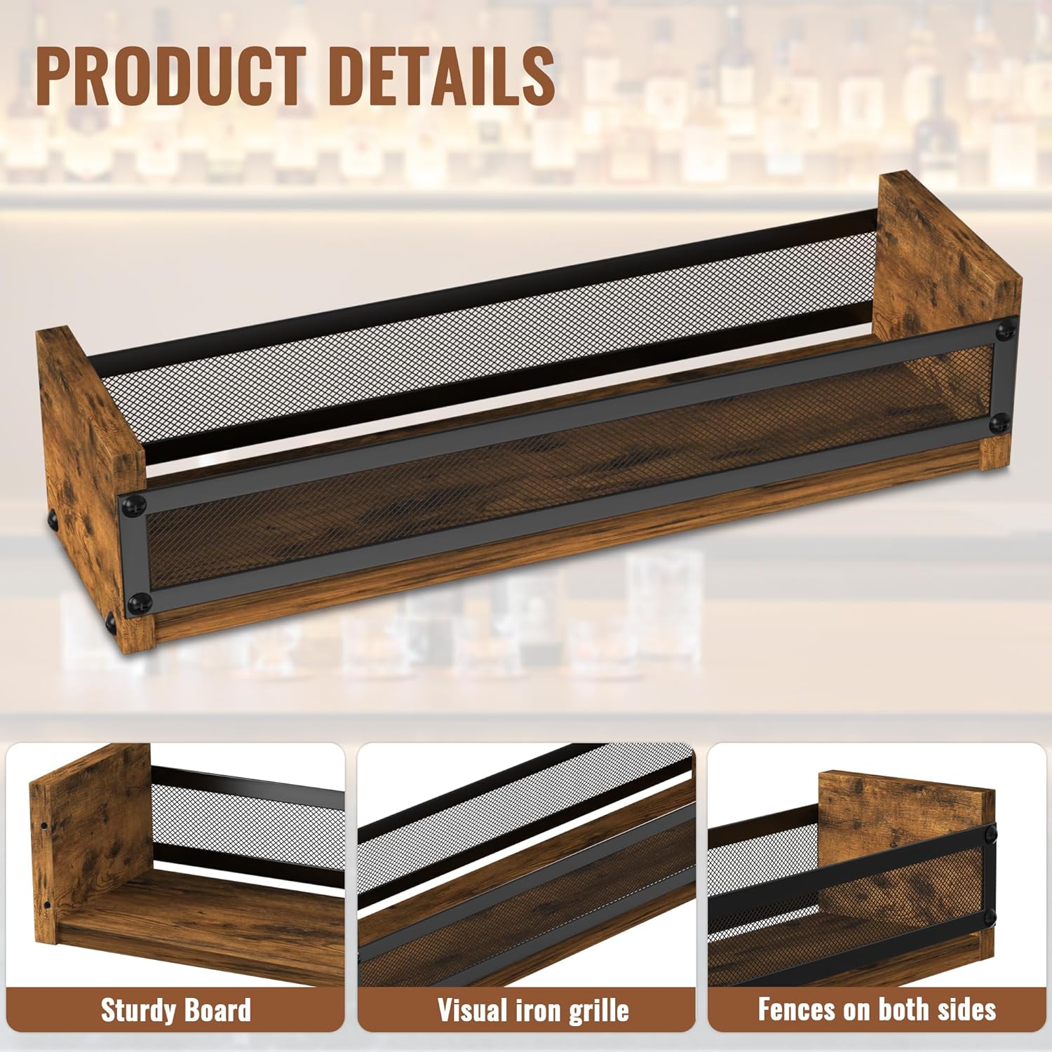 Alyoen Liquor Bottle Display Shelf, Coffee Syrup Rack Organizer, Countertop Liquor Wine Rack, 4 Bottles Coffee Station Organizer with Fences & Handles, Home Retro Bar Shelf Stand for Liquor Whiskey