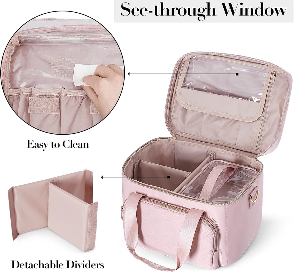 Travel Makeup Bag with 2 Pouches and Adjustable Dividers, Large Cosmetic Case Make up Organizer for Women Fits Bottles Vertically, Pink (Patented Design)
