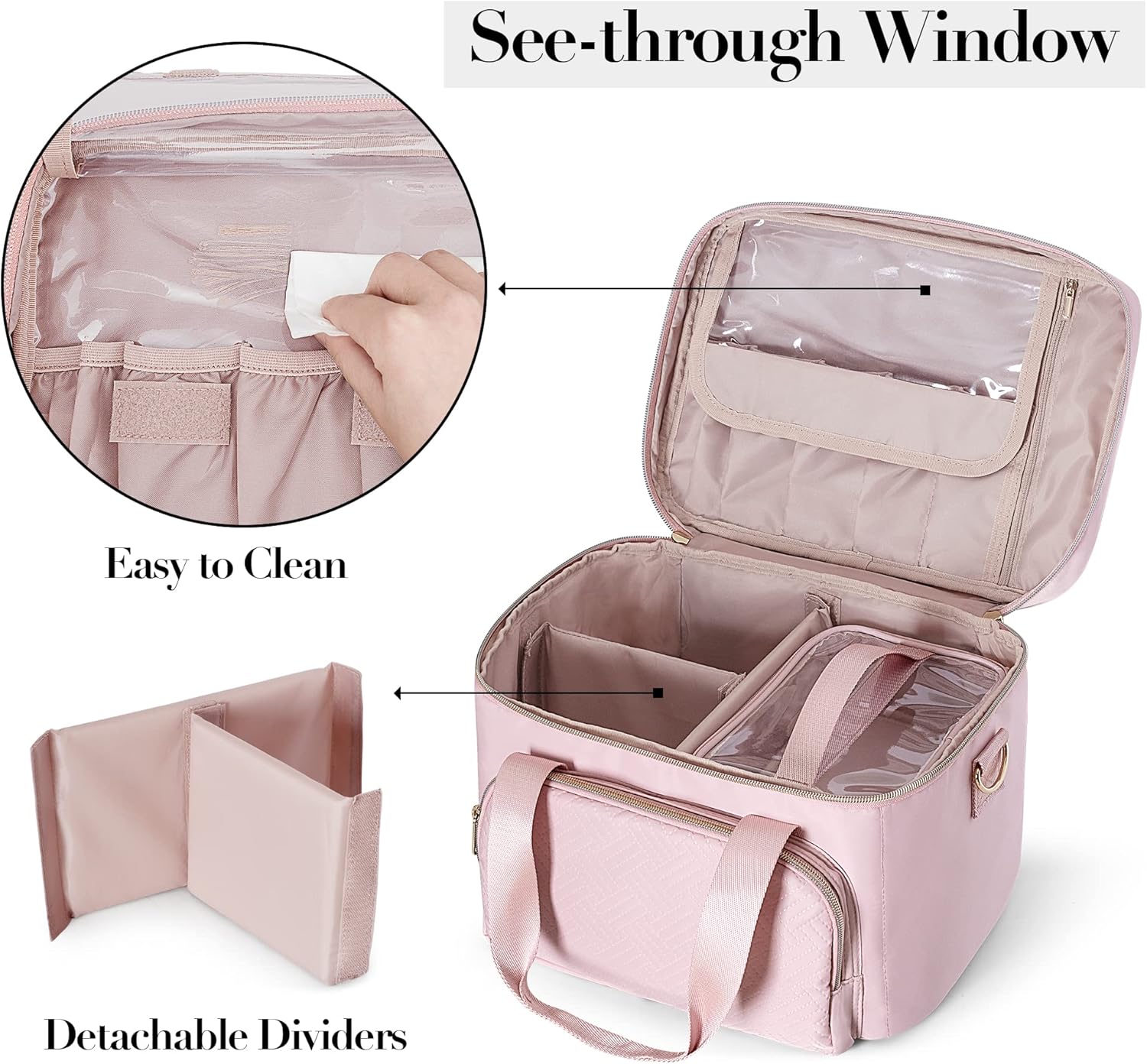 Travel Makeup Bag with 2 Pouches and Adjustable Dividers, Large Cosmetic Case Make up Organizer for Women Fits Bottles Vertically, Pink (Patented Design)