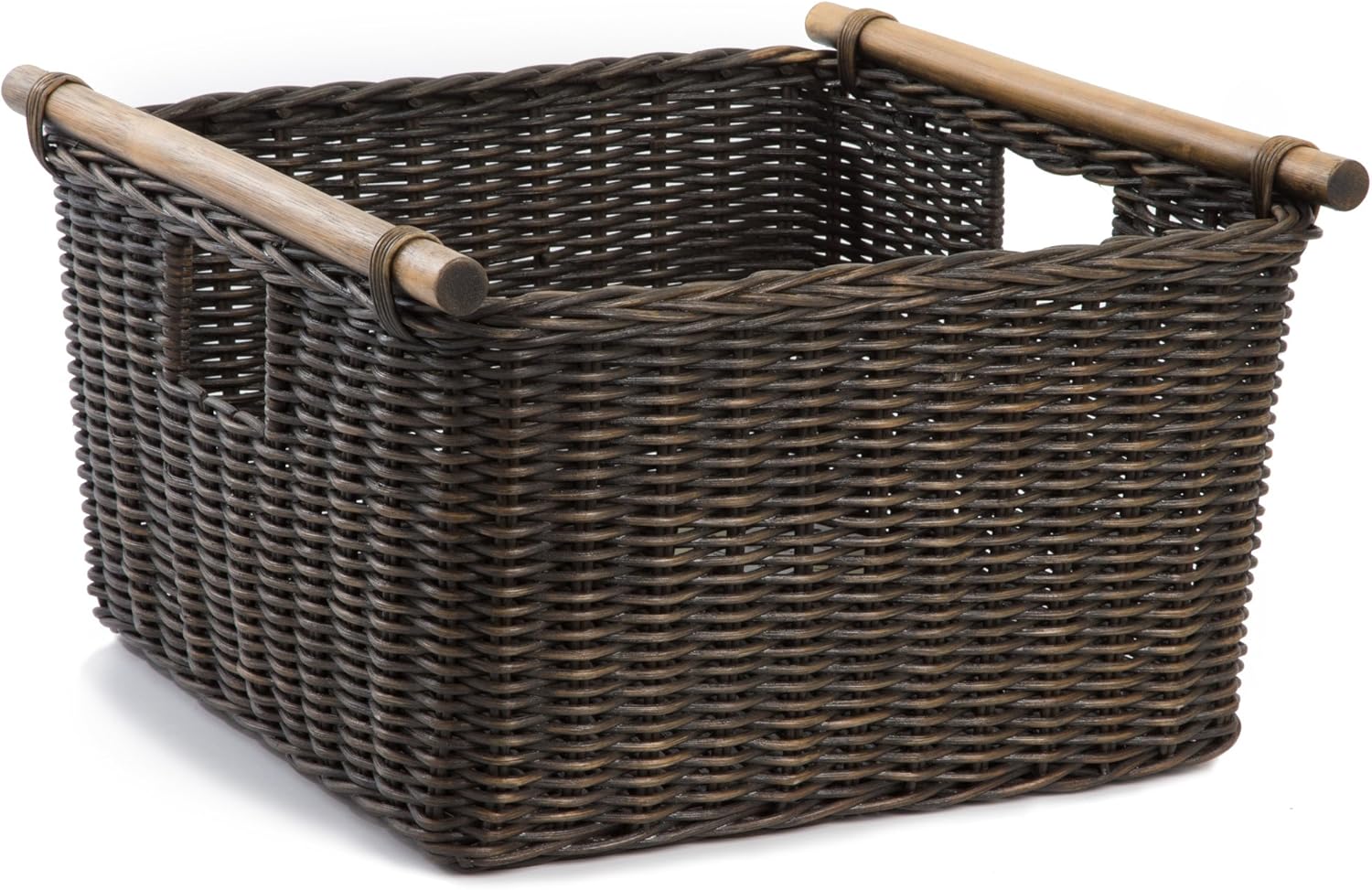 The Basket Lady Deep Pole Handle Wicker Storage Basket, Extra Large, 17.5 in L x 18 in W x 11.5 in H, Antique Walnut Brown