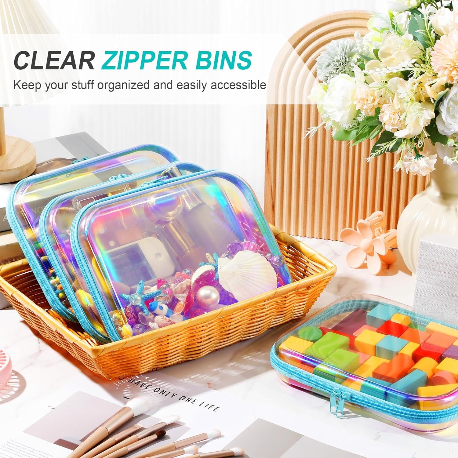 Hoolerry 4 Pcs Hard Clear Zipper Case Makeup Bags Plastic Pencil Pouch Transparent Storage Box Containers for Cosmetics, Snacks, Building Blocks, Puzzles(Blue Laser,9.8 x 7.9 x 2 in)