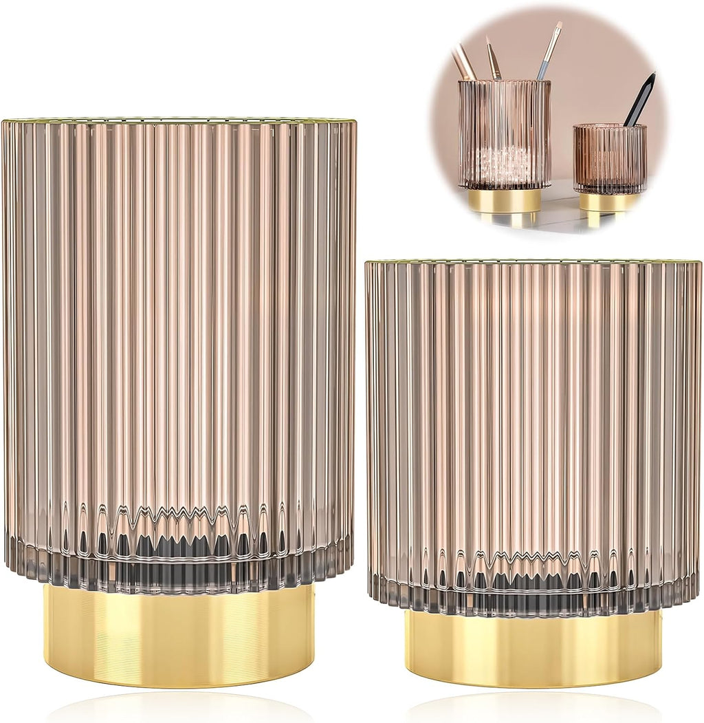 Makeup Brush Holder Organizer, Heavy Crystal Glass Brush Storage Holder, Vintage Cosmetic Make Up Bathroom Brushes Cup Pen Pencil Toothbrush Holder Striped Vase (S+L Pink)